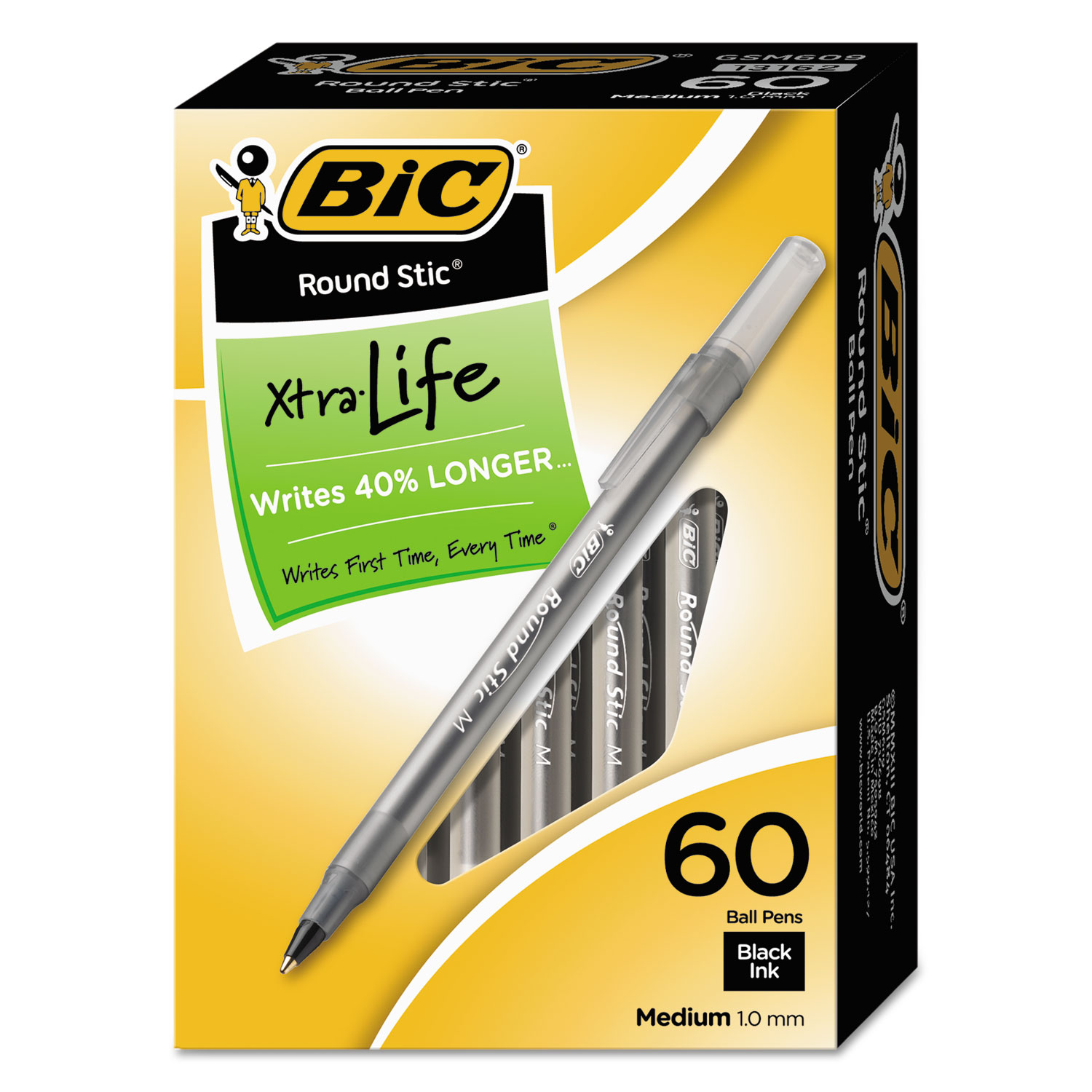 Round Stic Xtra Life Stick Ballpoint Pen VP, 1mm, Black Ink, Smoke Barrel, 60/Box