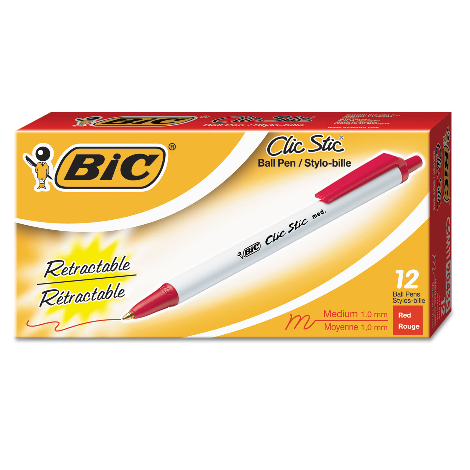  BIC CSM11 RED Clic Stic Retractable Ballpoint Pen, Medium 1 mm, Red Ink, White Barrel, Dozen (BICCSM11RD) 