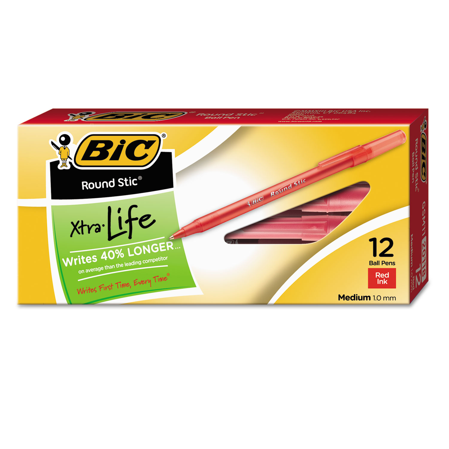 Round Stic Xtra Life Stick Ballpoint Pen, 1mm, Red Ink, Translucent Red Barrel, Dozen
