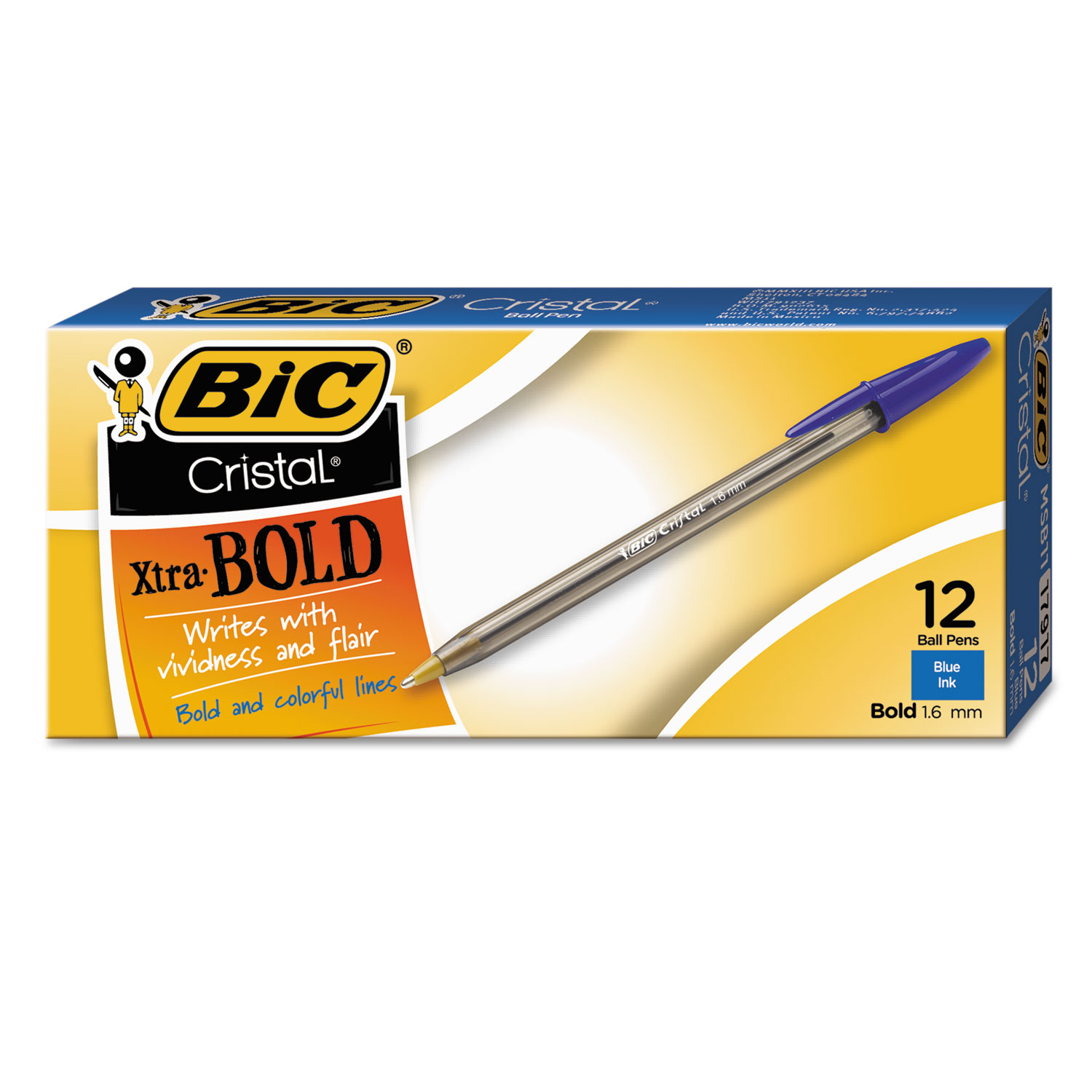 Cristal Xtra Bold Stick Ballpoint Pen, Bold 1.6mm, Blue Ink, Clear Barrel, Dozen