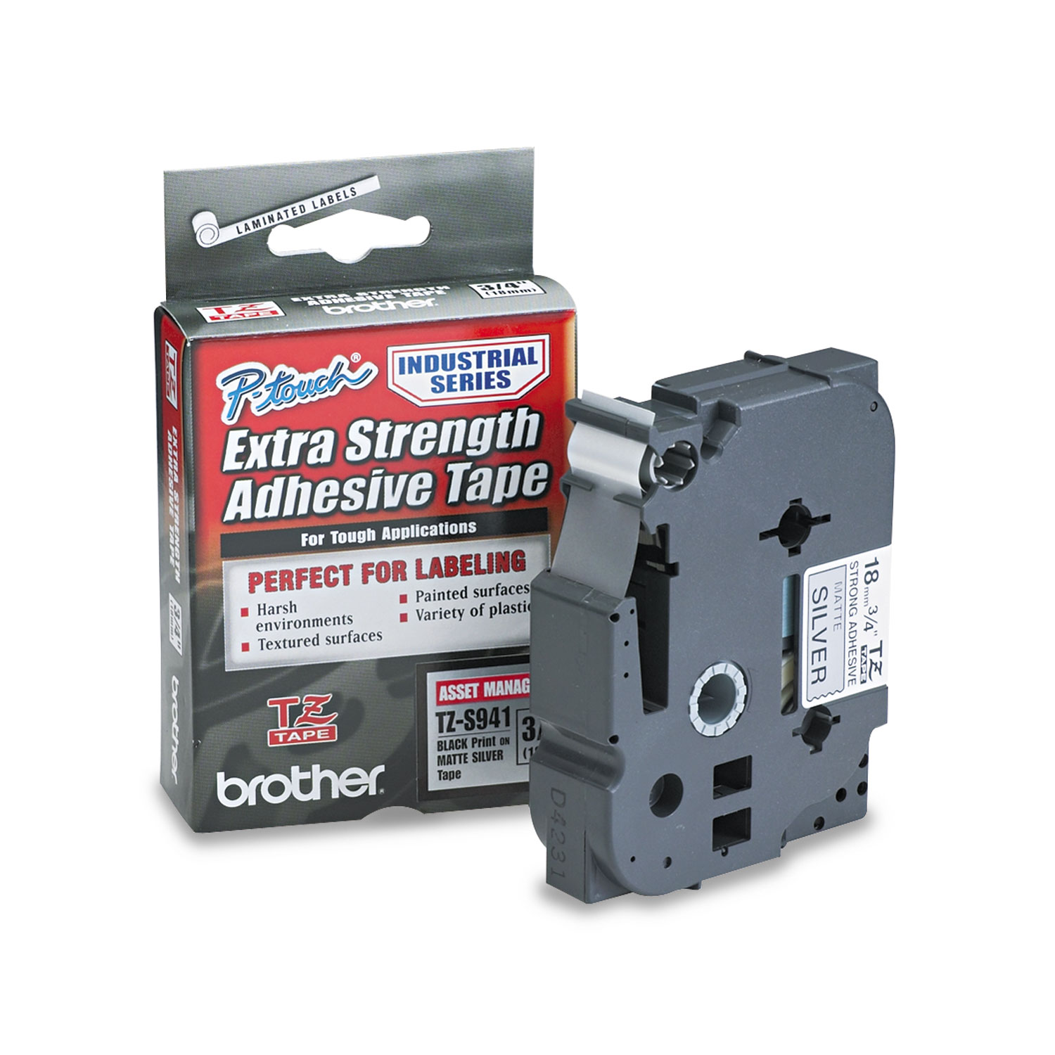  Brother P-Touch TZES941 TZ Extra-Strength Adhesive Laminated Labeling Tape, 0.7 x 26.2 ft, Black on Matte Silver (BRTTZES941) 