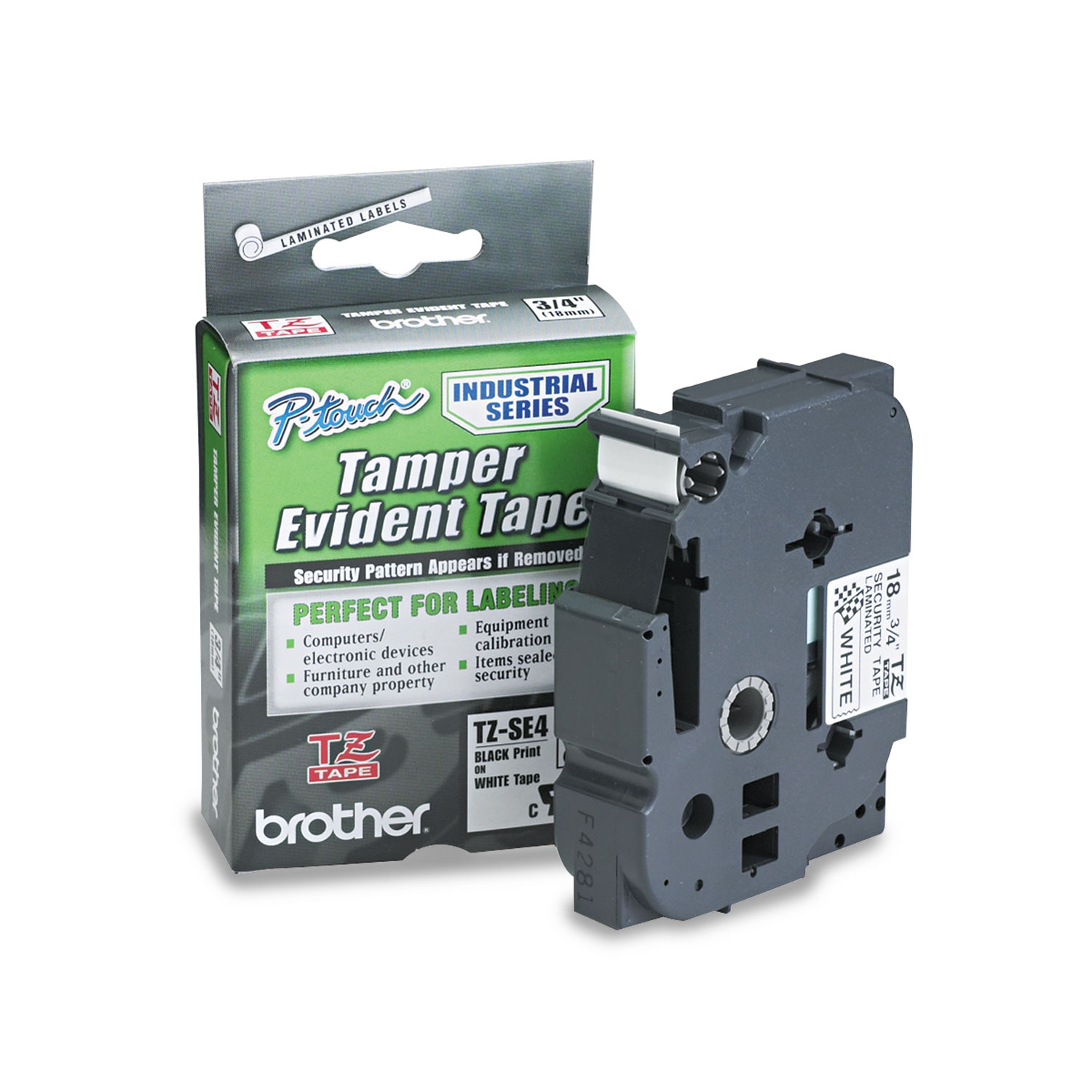  Brother P-Touch TZESE4 TZ Security Tape Cartridge for P-Touch Labelers, 0.7 x 26.2 ft, Black on White (BRTTZESE4) 