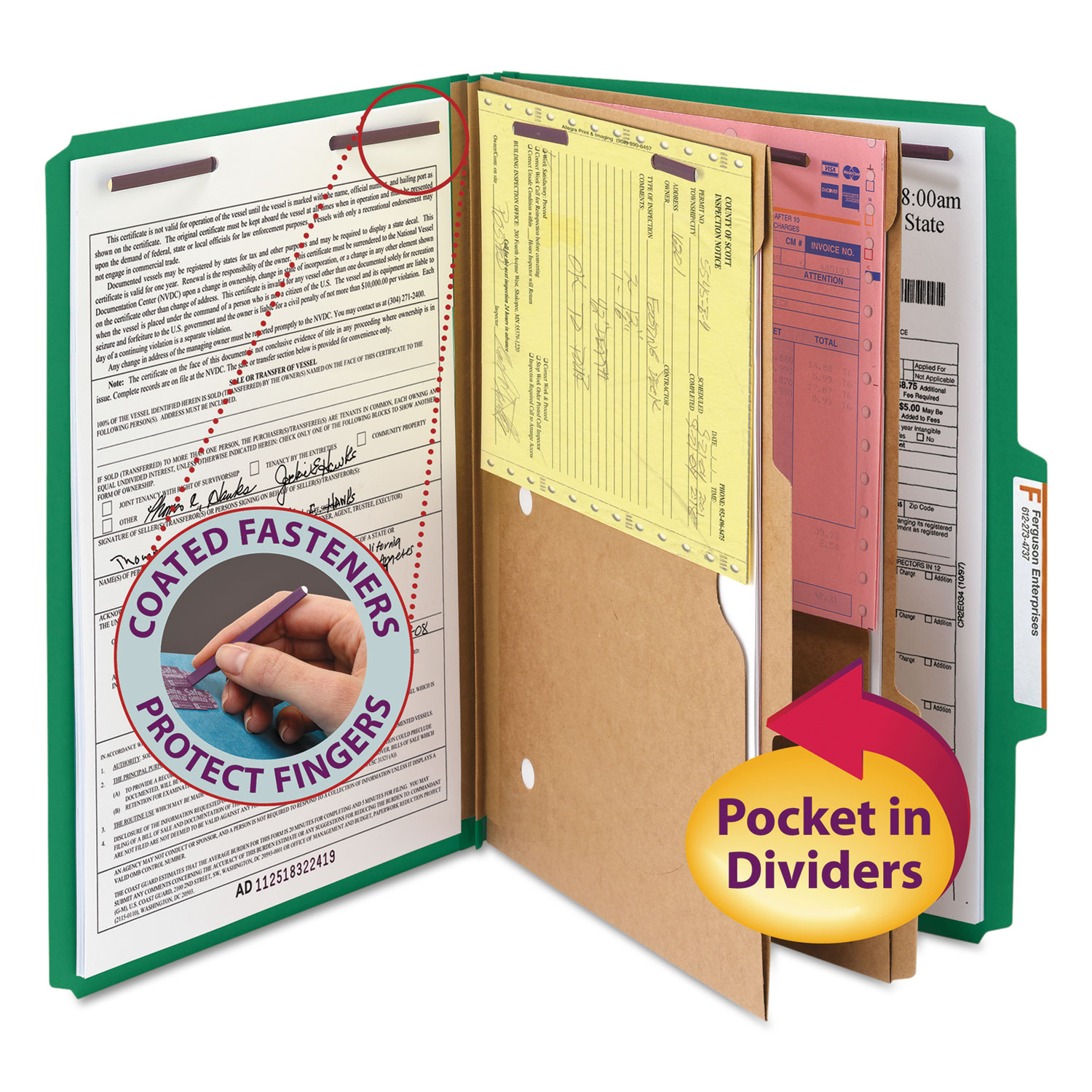  Smead 19083 6-Section Pressboard Top Tab Pocket-Style Classification Folders with SafeSHIELD Fasteners, 2 Dividers, Legal, Green, 10/BX (SMD19083) 