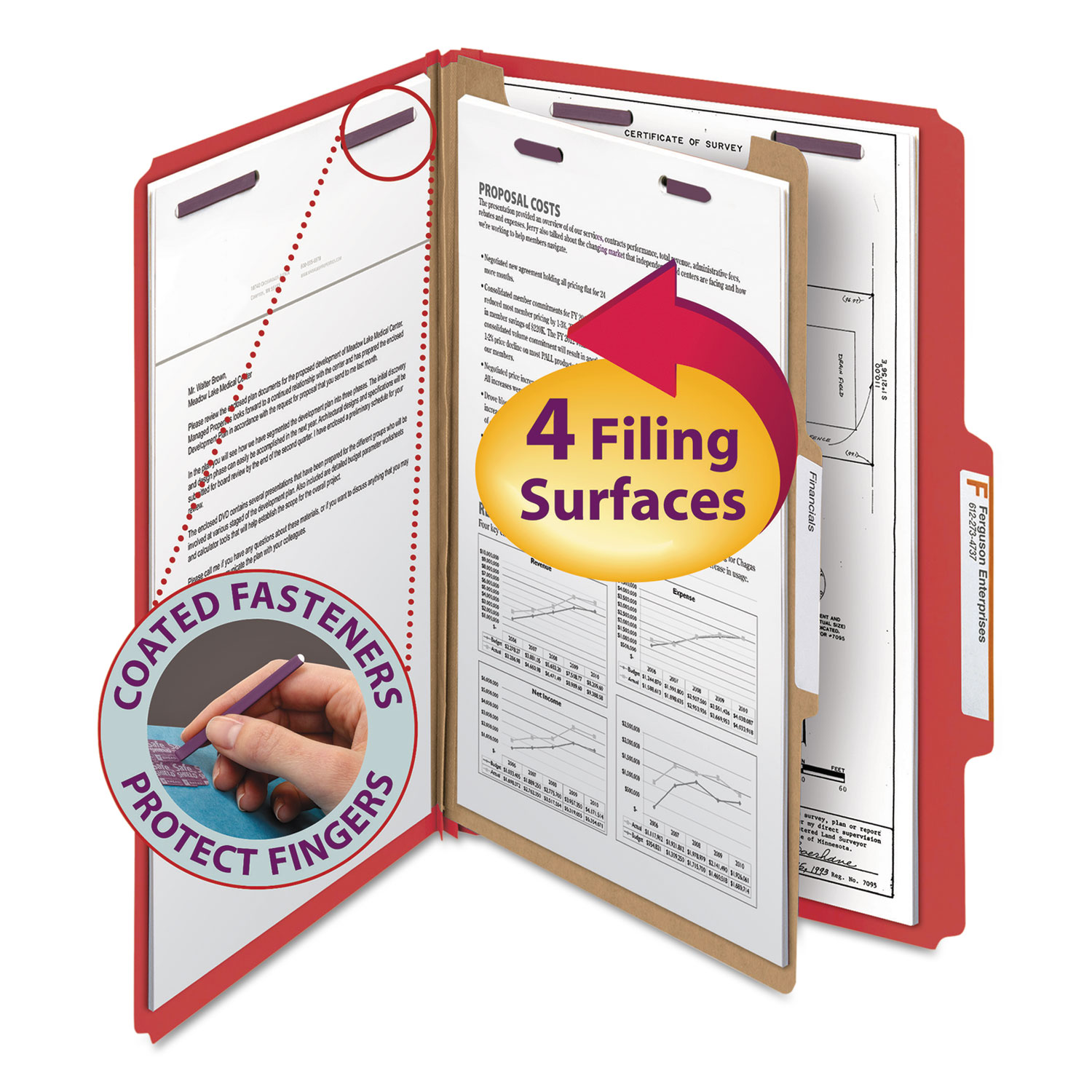  Smead 18731 Four-Section Pressboard Top Tab Classification Folders with SafeSHIELD Fasteners, 1 Divider, Legal Size, Bright Red, 10/Box (SMD18731) 