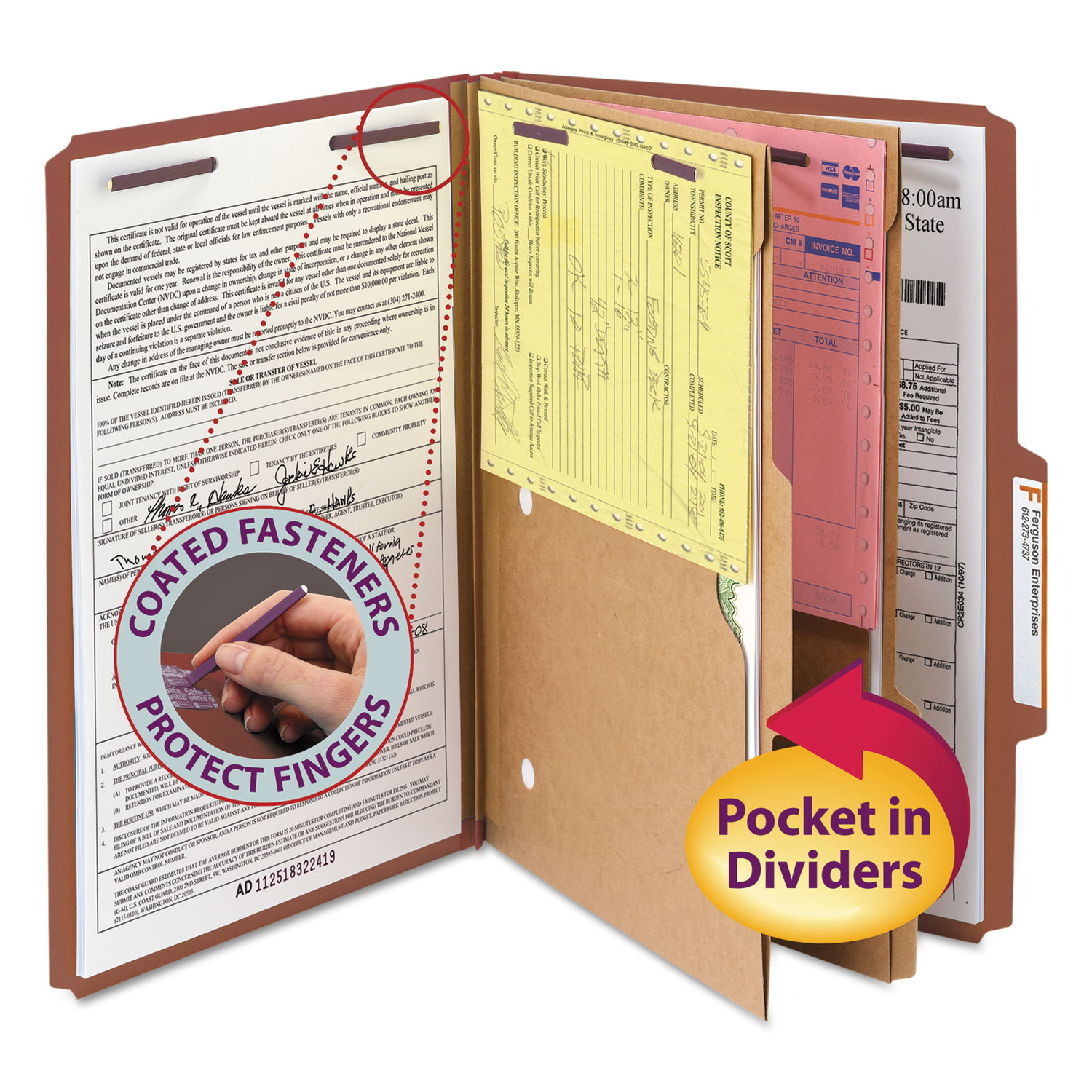 6-Section Pressboard Top Tab Pocket Classification Folders, 6 SafeSHIELD Fasteners, 2 Dividers, Letter Size, Yellow, 10/Box