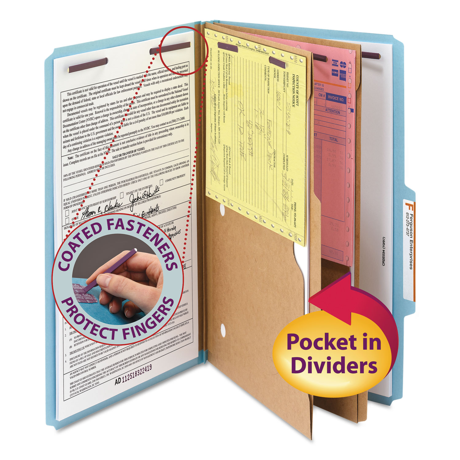 6-Section Pressboard Top Tab Pocket Classification Folders, 6 SafeSHIELD Fasteners, 2 Dividers, Letter Size, Yellow, 10/Box
