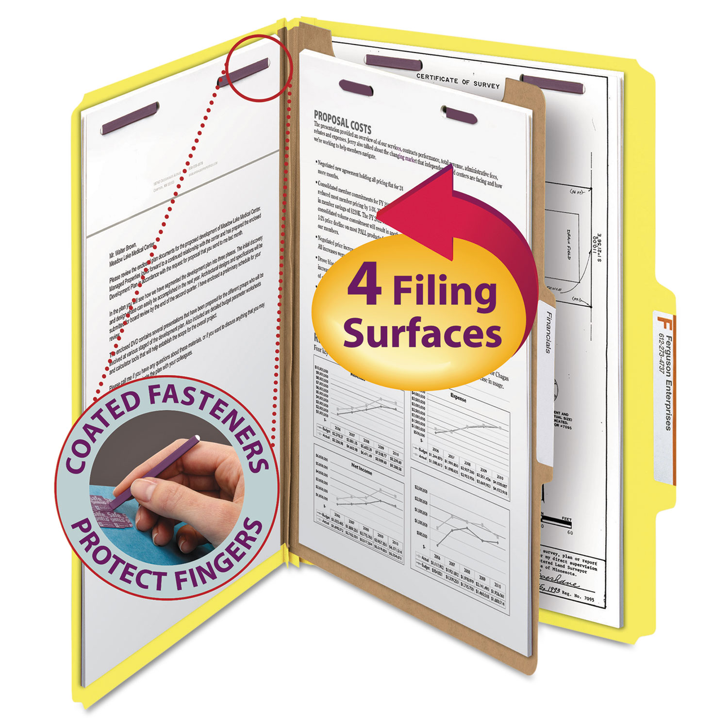  Smead 18734 Four-Section Pressboard Top Tab Classification Folders with SafeSHIELD Fasteners, 1 Divider, Legal Size, Yellow, 10/Box (SMD18734) 