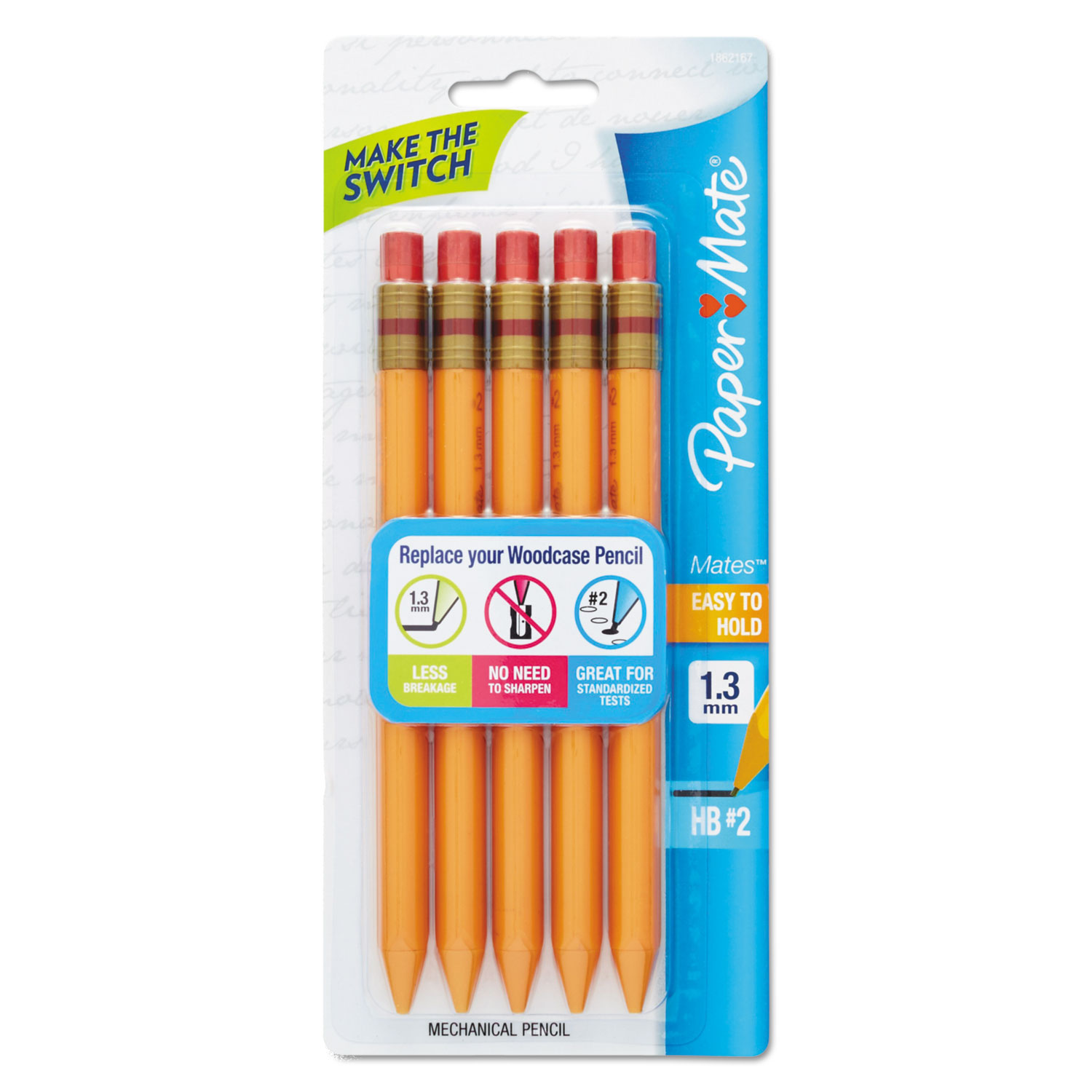 Mates Mechanical Pencils, 1.3 mm, Yellow, 5/Pack