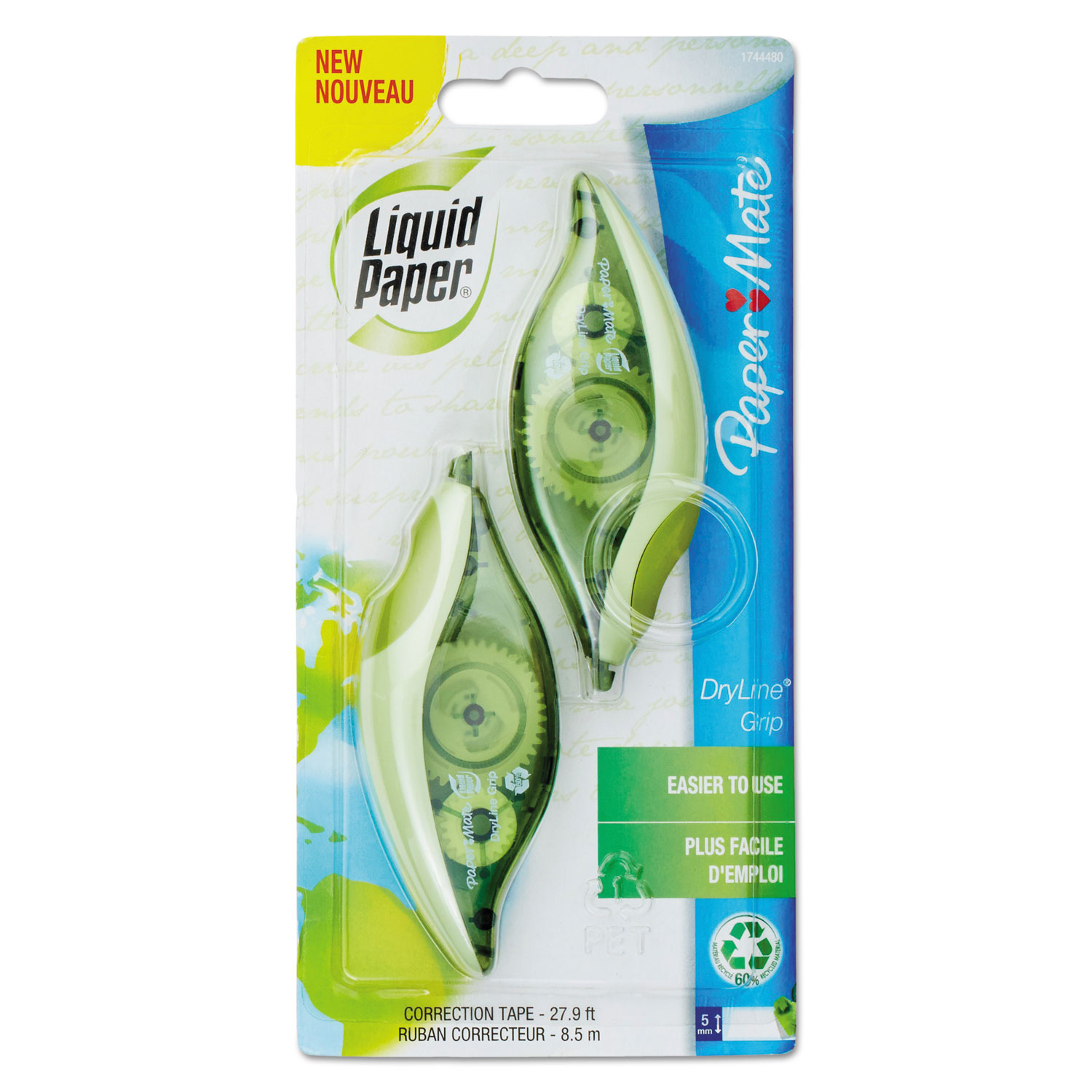  Paper Mate Liquid Paper 1744480 DryLine Grip Correction Tape, Recycled Dispenser, 1/5 x 335, 2/Pack (PAP1744480) 