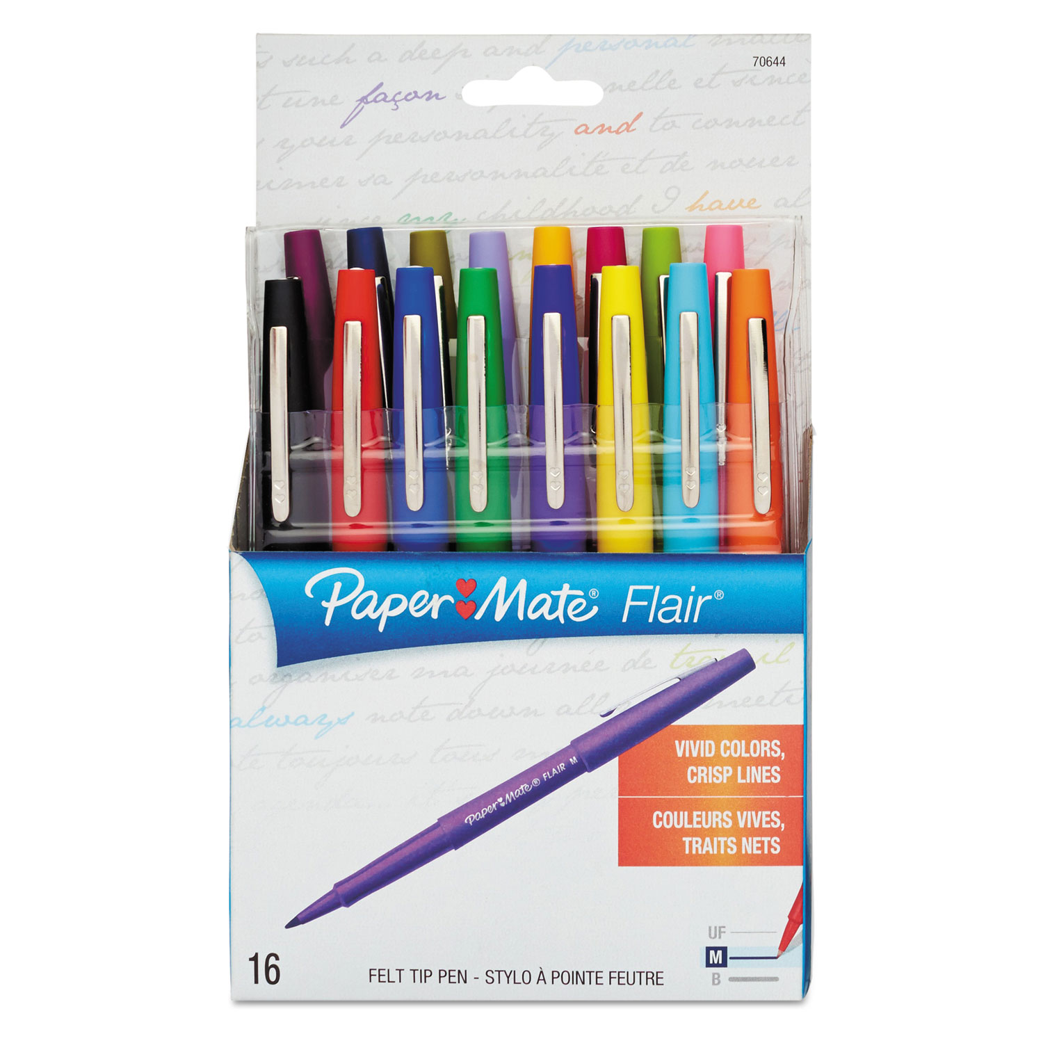 Point Guard Flair Needle Tip Stick Pen, Assorted Ink, .7mm, 16/Pack