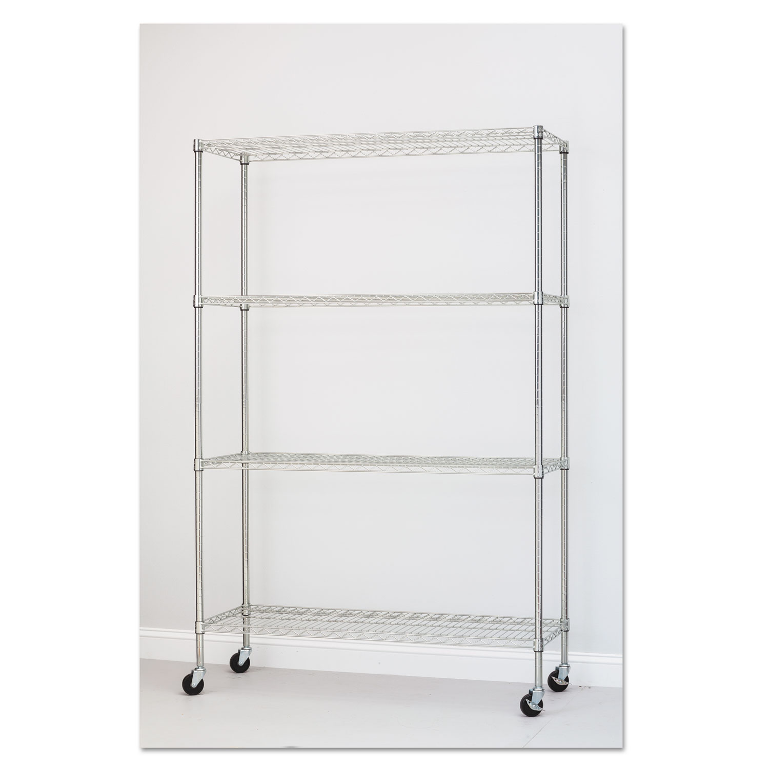 Complete Wire Shelving Unit w/Caster, Four-Shelf, 48 x 18 x 72, Silver