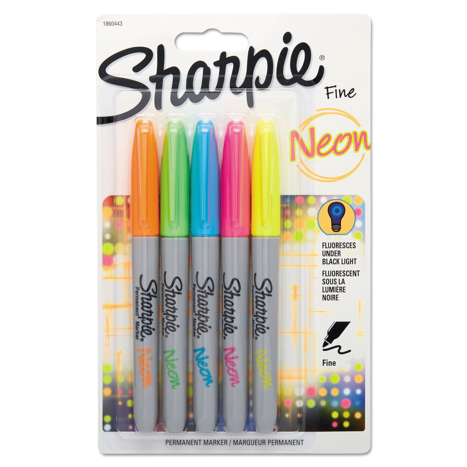 Neon Permanent Markers, Fine Bullet Tip, Assorted Colors, 5/Pack