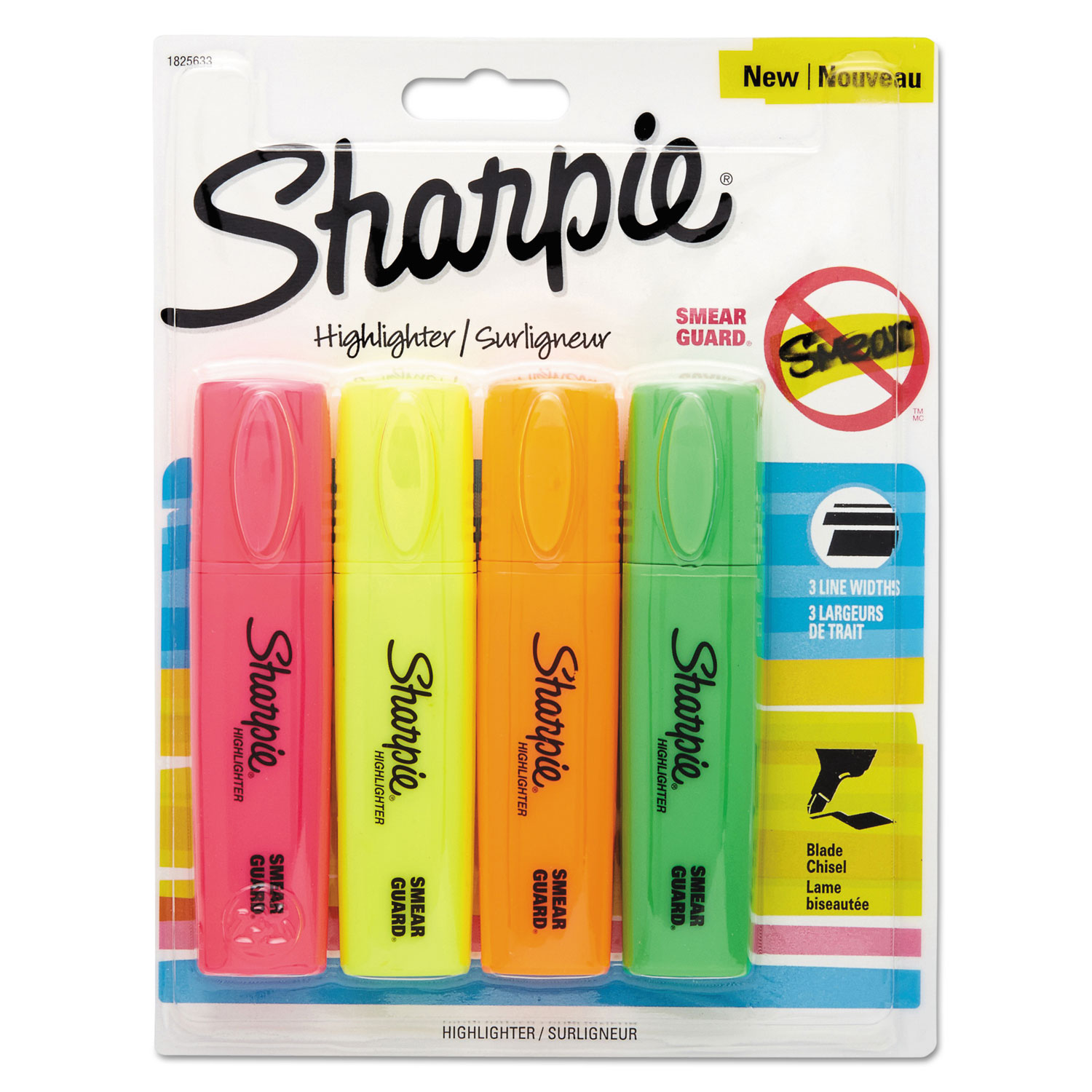  Sharpie 1825633 Blade Tip Highlighter, Blade Chisel Tip, Assorted Colors, 4/Pack (SAN1825633) 