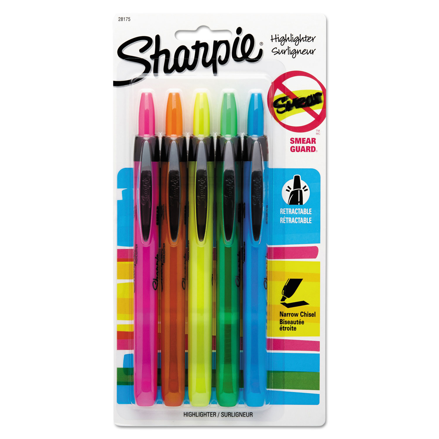  Sharpie 28175PP Retractable Highlighters, Chisel Tip, Assorted Colors, 5/Set (SAN28175PP) 