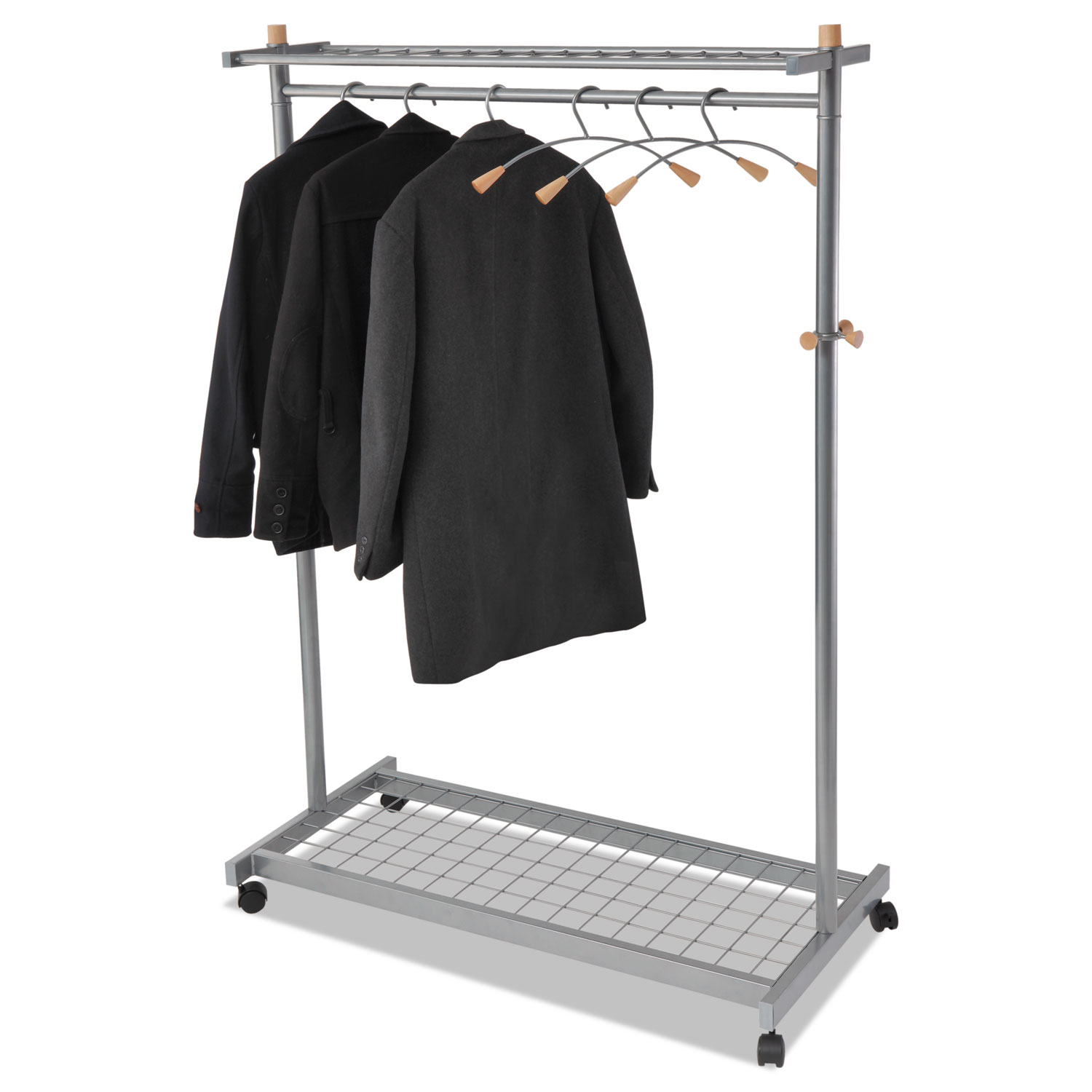 Garment Racks, Two-Sided, 2-Shelf Coat Rack, 6 Hanger/6 Hook, Silver Steel/Wood