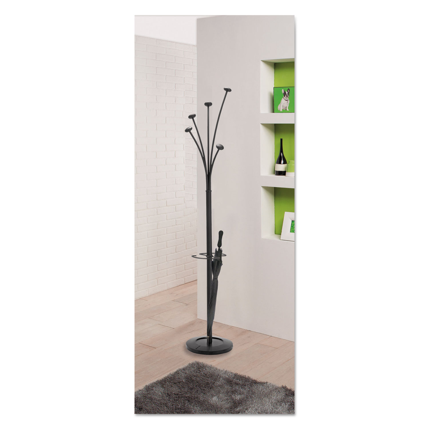 Festival Coat Stand with Umbrella Holder, 5 Knobs, 14w x 14d x 73-2/3h, Black