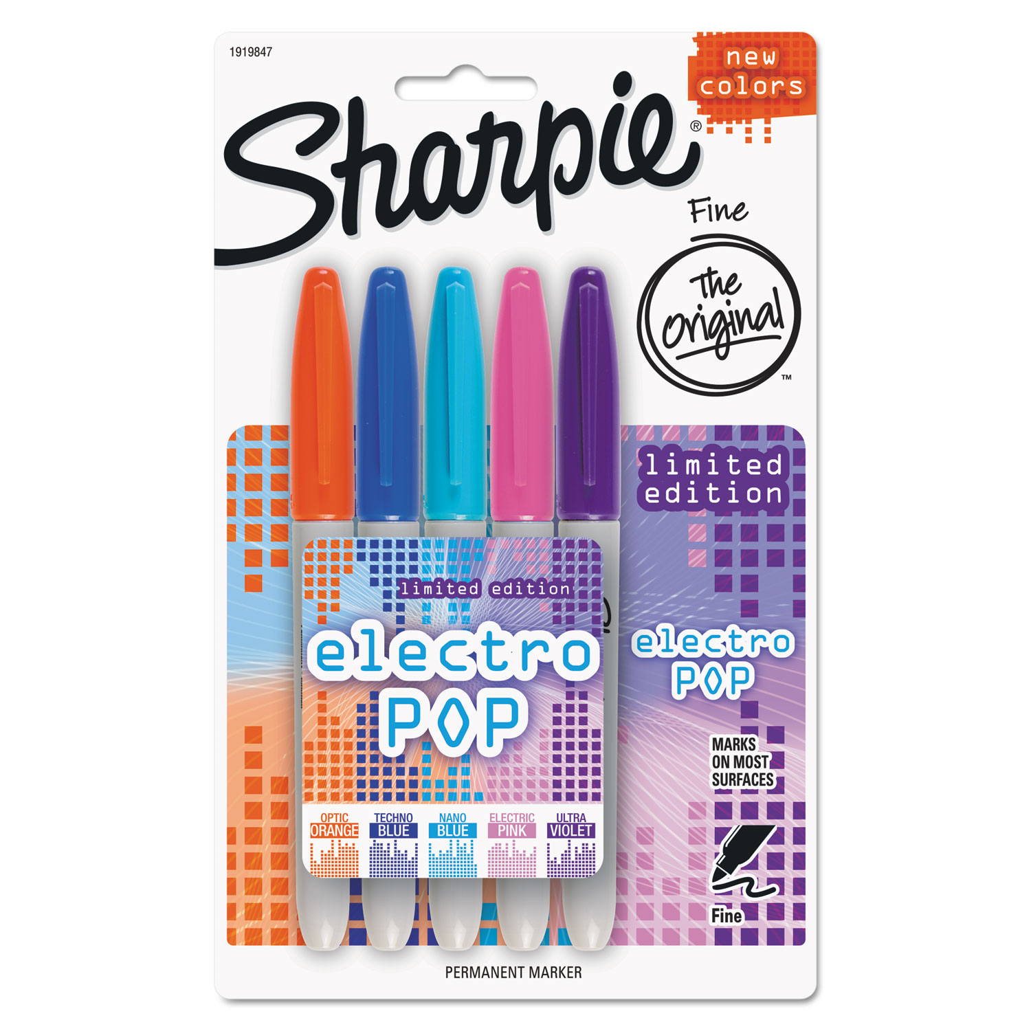  Sharpie 1919847 Fine Electro Pop Marker, Fine Bullet Tip, Assorted Colors, 5/Pack (SAN1919847) 