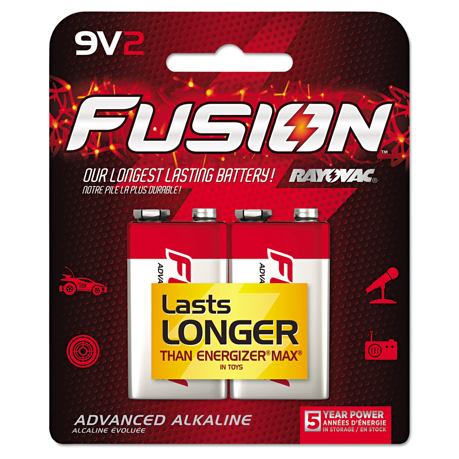 Fusion Advanced Alkaline Batteries, 9V, 2/Pack