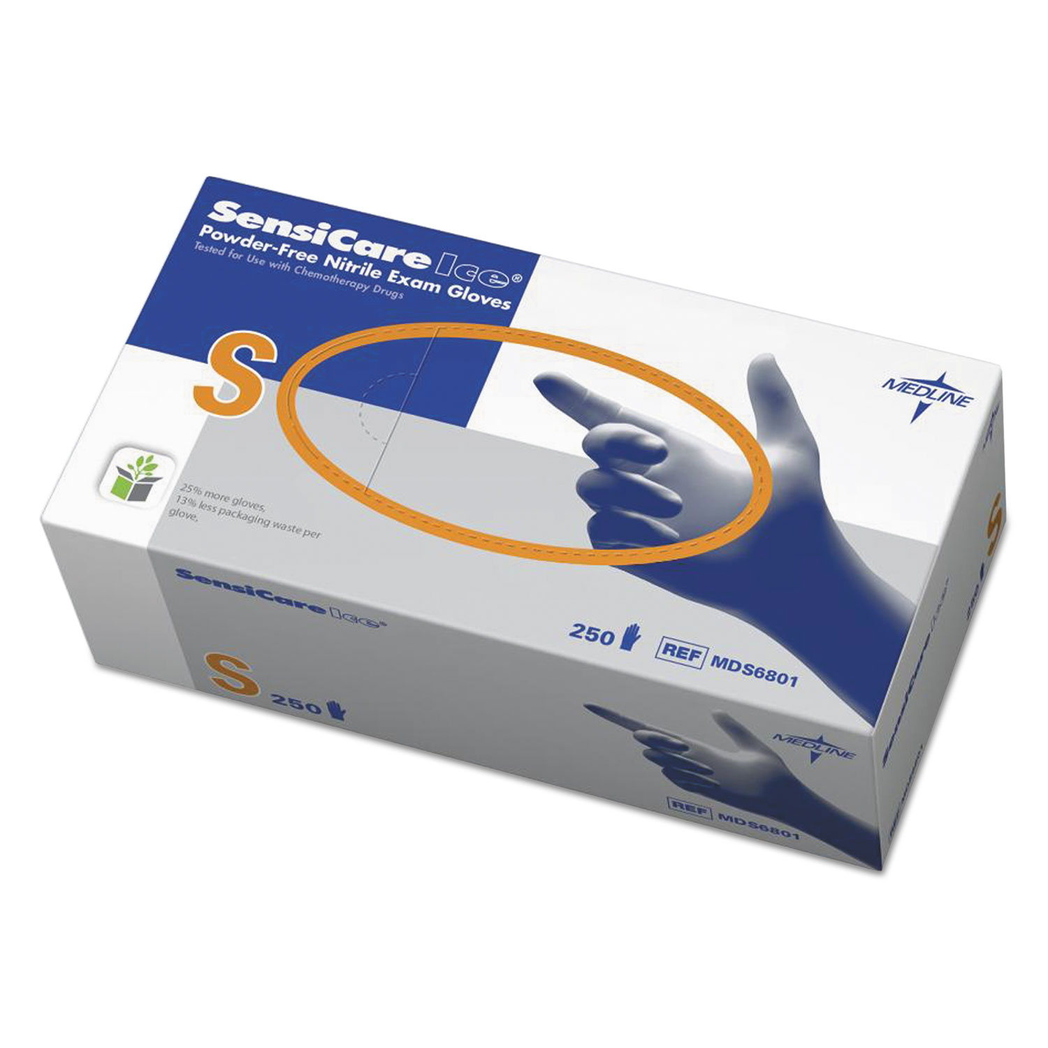  Medline MDS6801 Sensicare Ice Nitrile Exam Gloves, Powder-Free, Small, Blue, 250/Box (MIIMDS6801) 