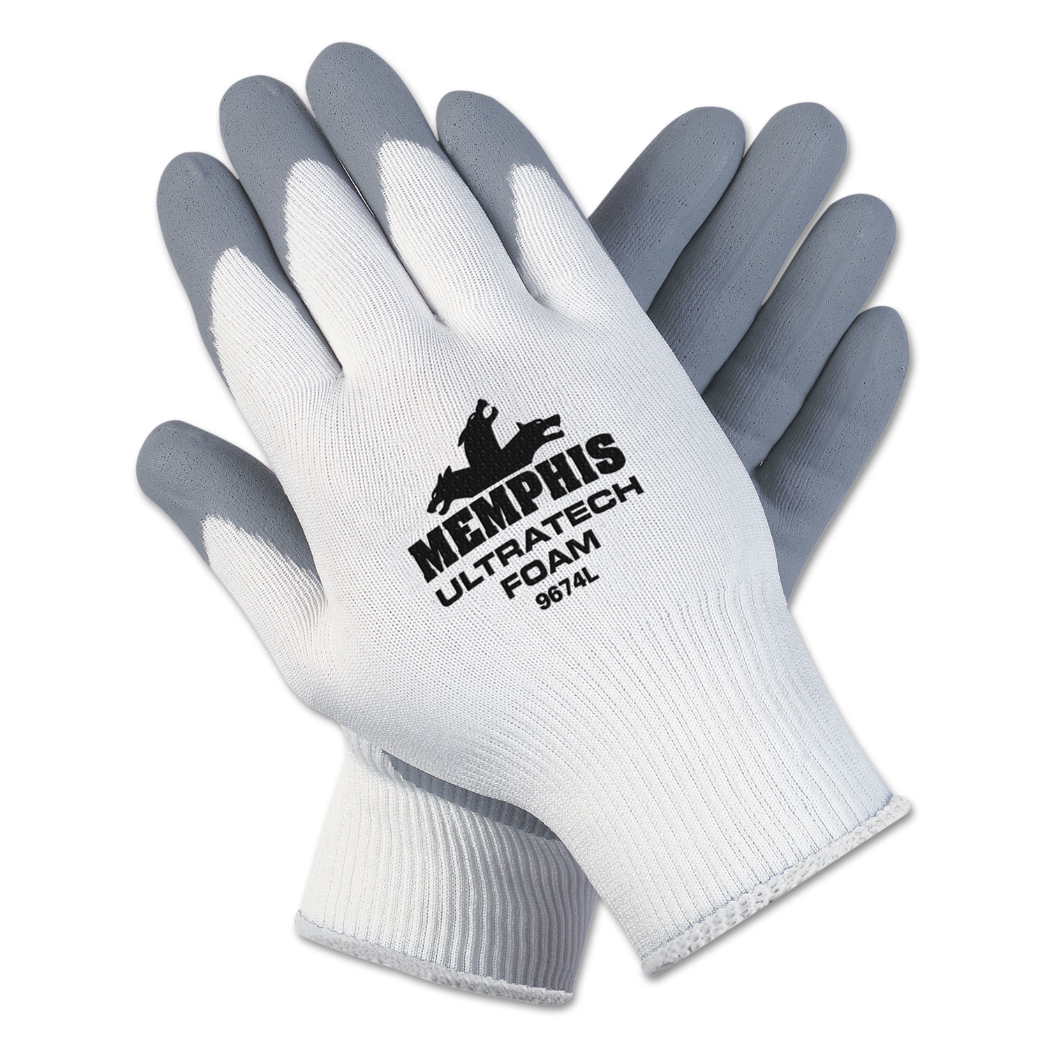  MCR Safety 9674L Ultra Tech Foam Seamless Nylon Knit Gloves, Large, White/Gray, 12 Pair/Dozen (CRW9674L) 