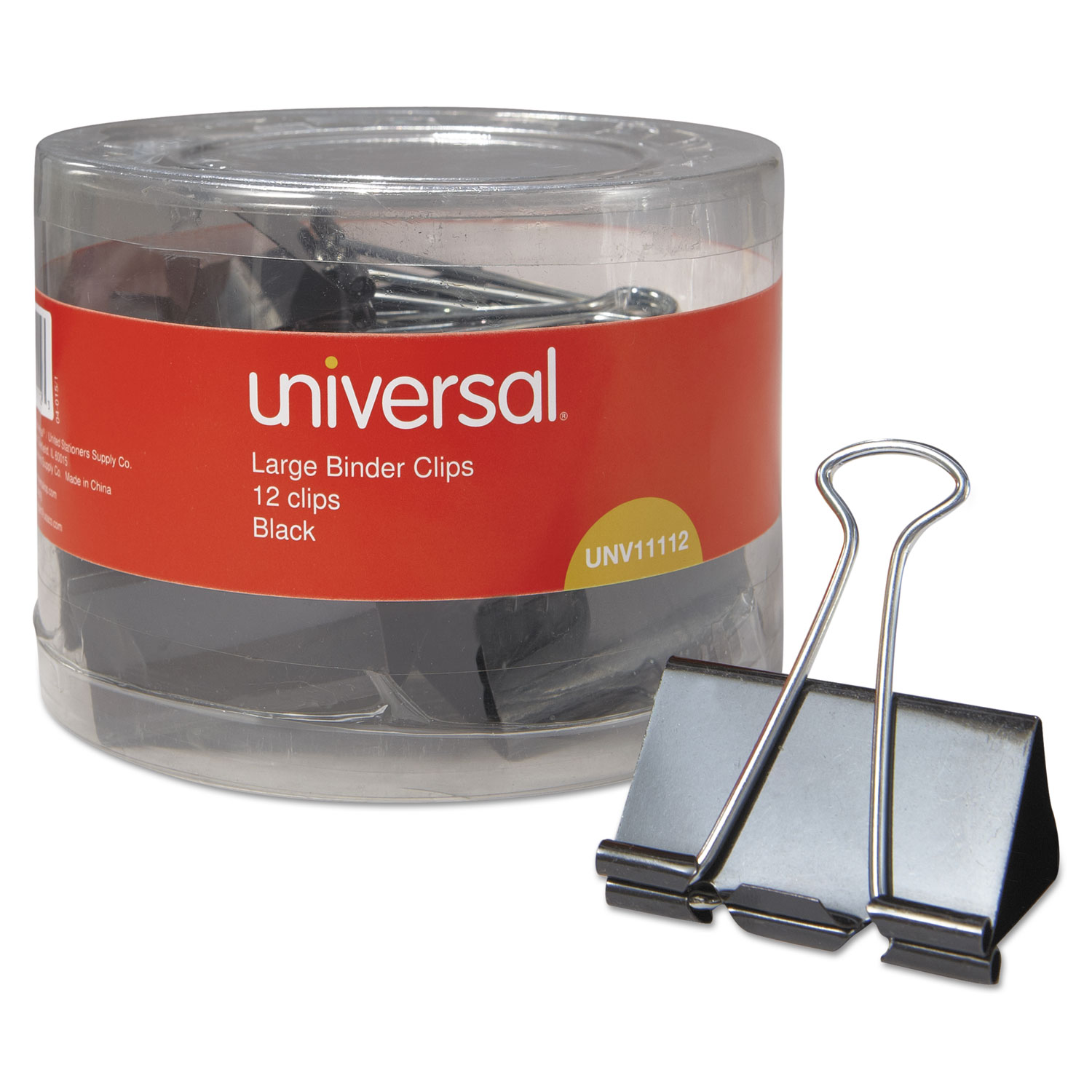  Universal UNV11112 Binder Clips in Dispenser Tub, Large, Black/Silver, 12/Pack (UNV11112) 