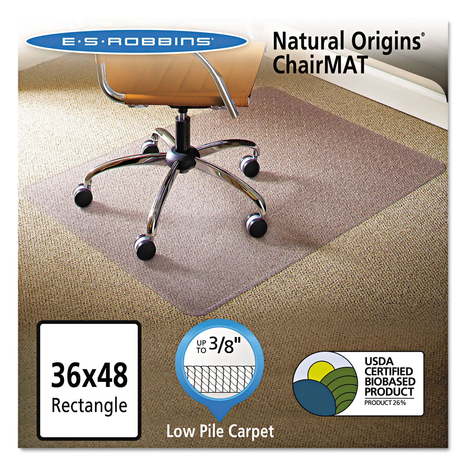ES Robbins Natural Origins Chair Mat For Carpet, 36 x 48, Clear Comp