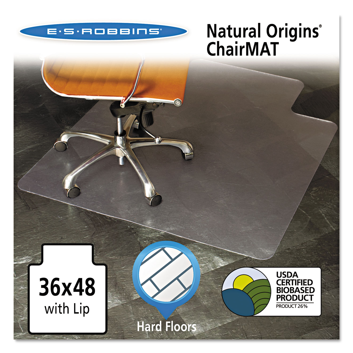 ES Robbins EverLife Chair Mat for Flat Pile Carpet, 36x 48 with Lip, Clear