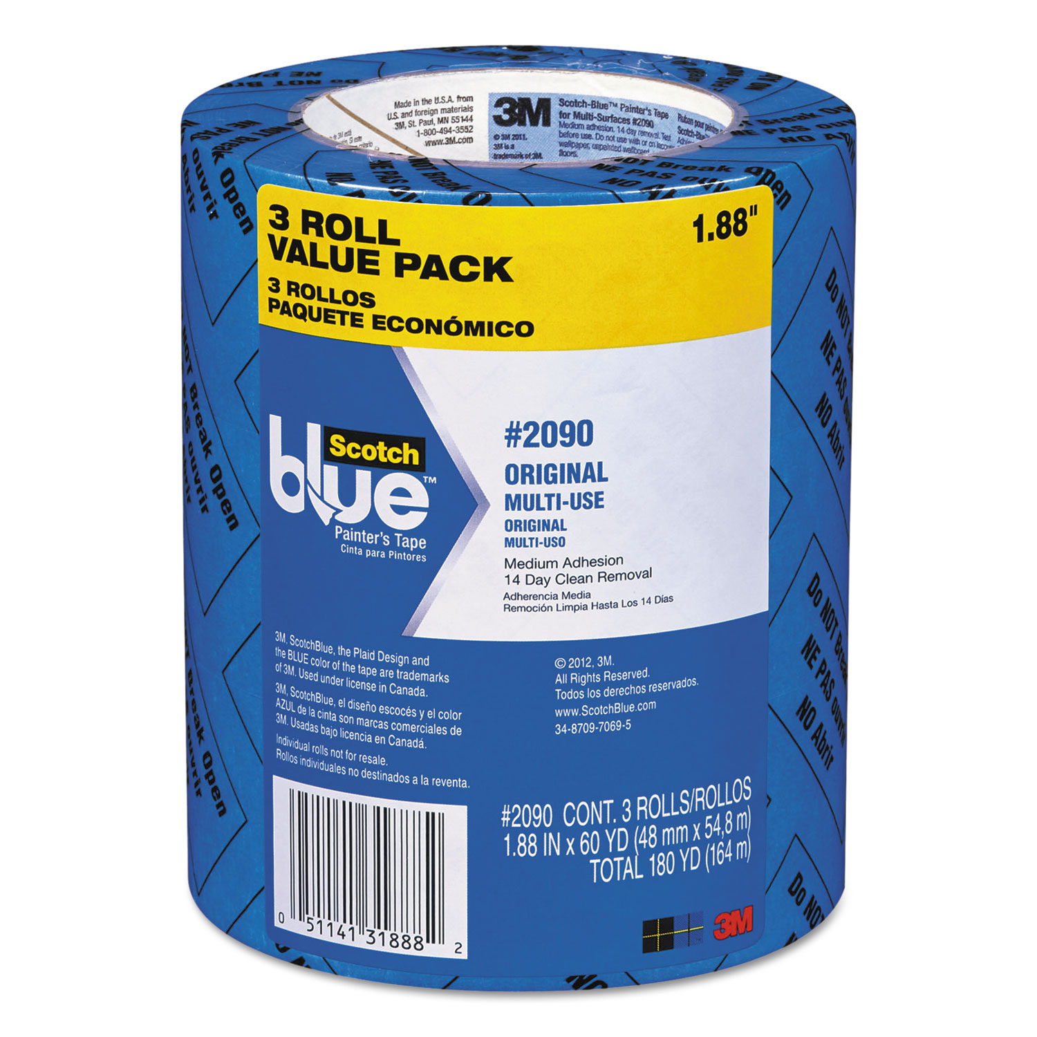 Painters Tape, 1.88 x 60yds, 3 Core, Blue, 3/Pack