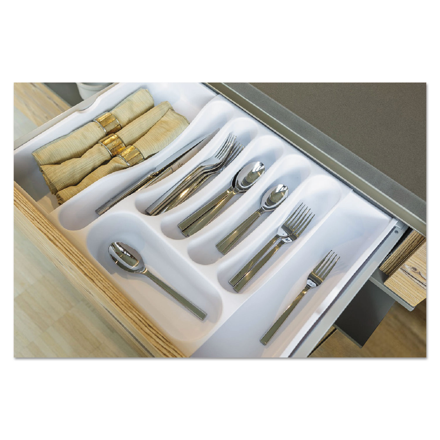 Expandable Cutlery Tray, White, 12 1/2 - 21 Wide, Plastic