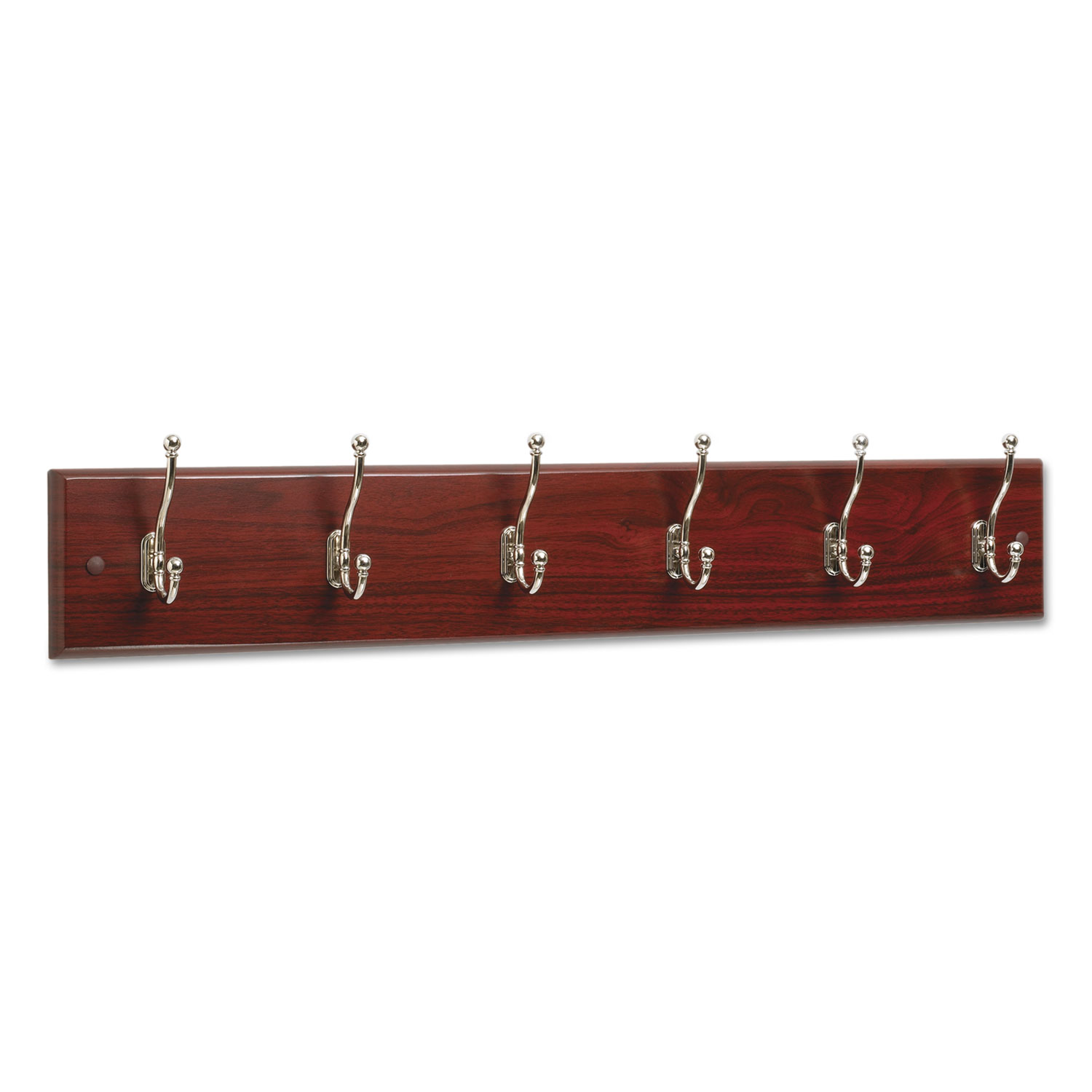 Wood Wall Rack, Six Double-Hook, 35-1/2w x 3-1/4d x 6-3/4h, Mahogany