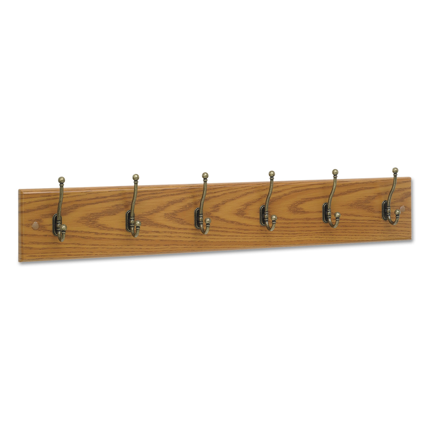 Wood Wall Rack, Six Double-Hooks, 35-1/2w x 3-1/4d x 6-3/4h, Medium Oak