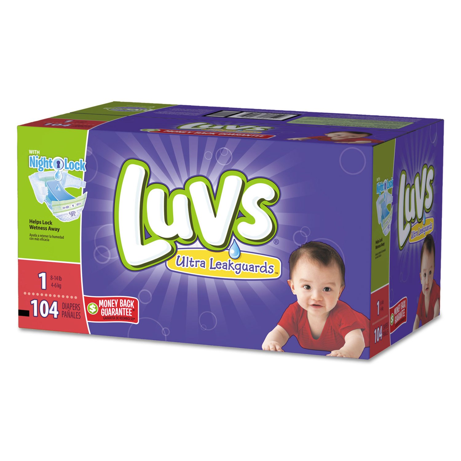 Diapers w/Leakguard, Size 1: 8 to 14 lbs, 104/Carton