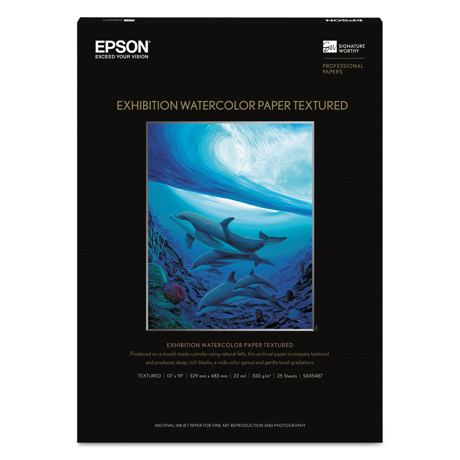  Epson S045487 Exhibition Textured Watercolor Paper, 22 mil, 13 x 19, Matte White, 25/Pack (EPSS045487) 