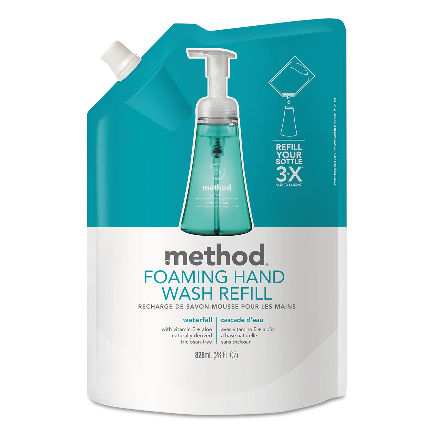  Method 01366 Foaming Hand Wash Refill, Waterfall, 28 oz Pouch, 6/Carton (MTH01366) 
