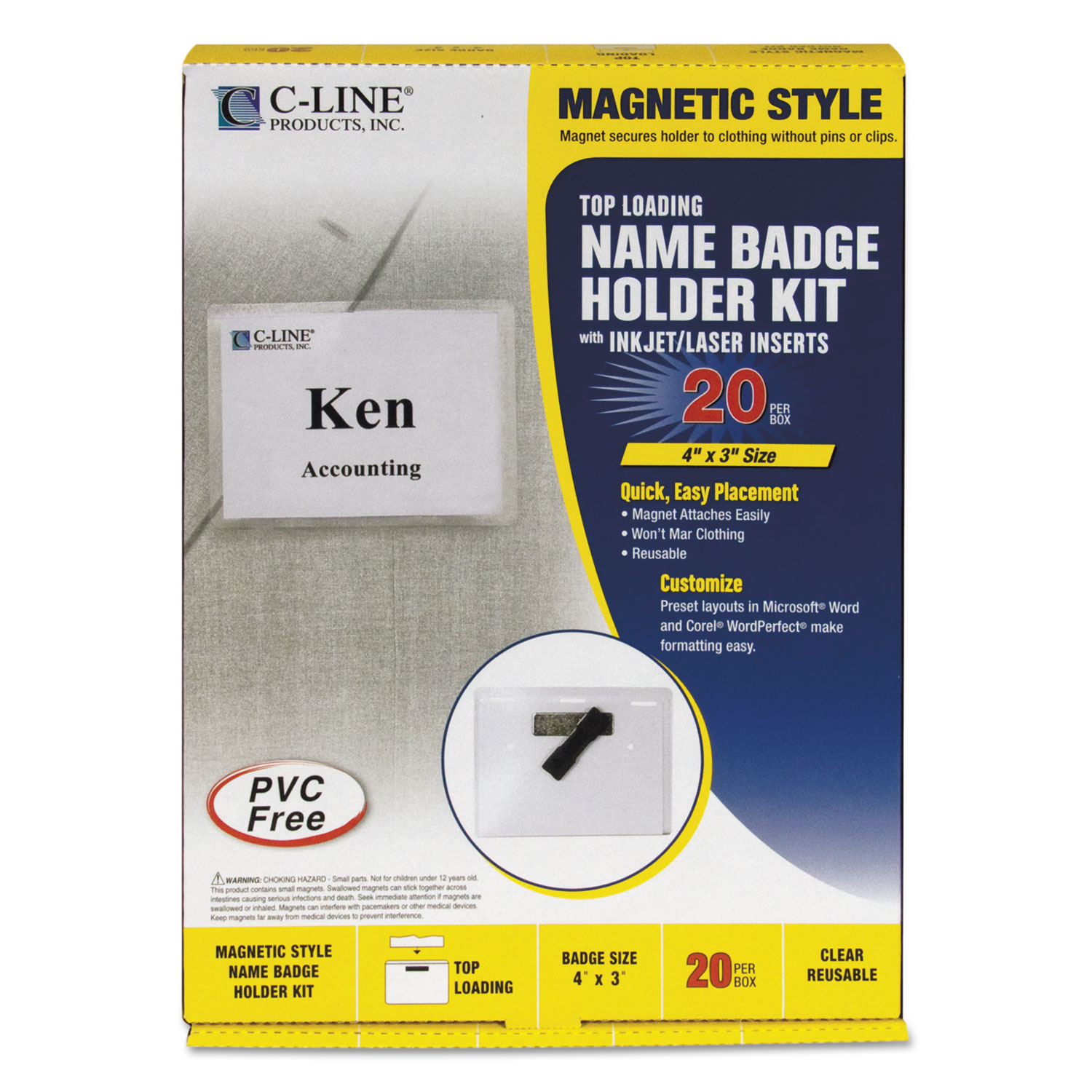  C-Line 92943 Magnetic Name Badge Holder Kit, Horizontal, 4w x 3h, Clear, 20/Box (CLI92943) 
