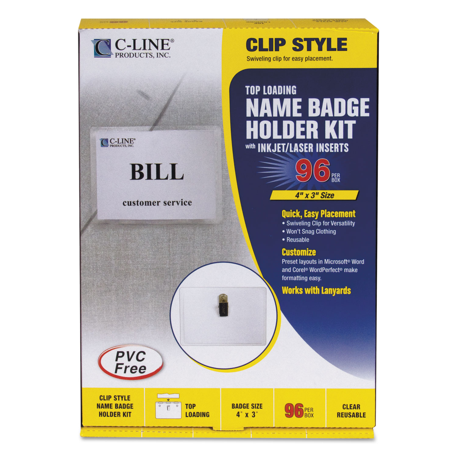  C-Line 95596 Name Badge Kits, Top Load, 4 x 3, Clear, Clip Style, 96/Box (CLI95596) 