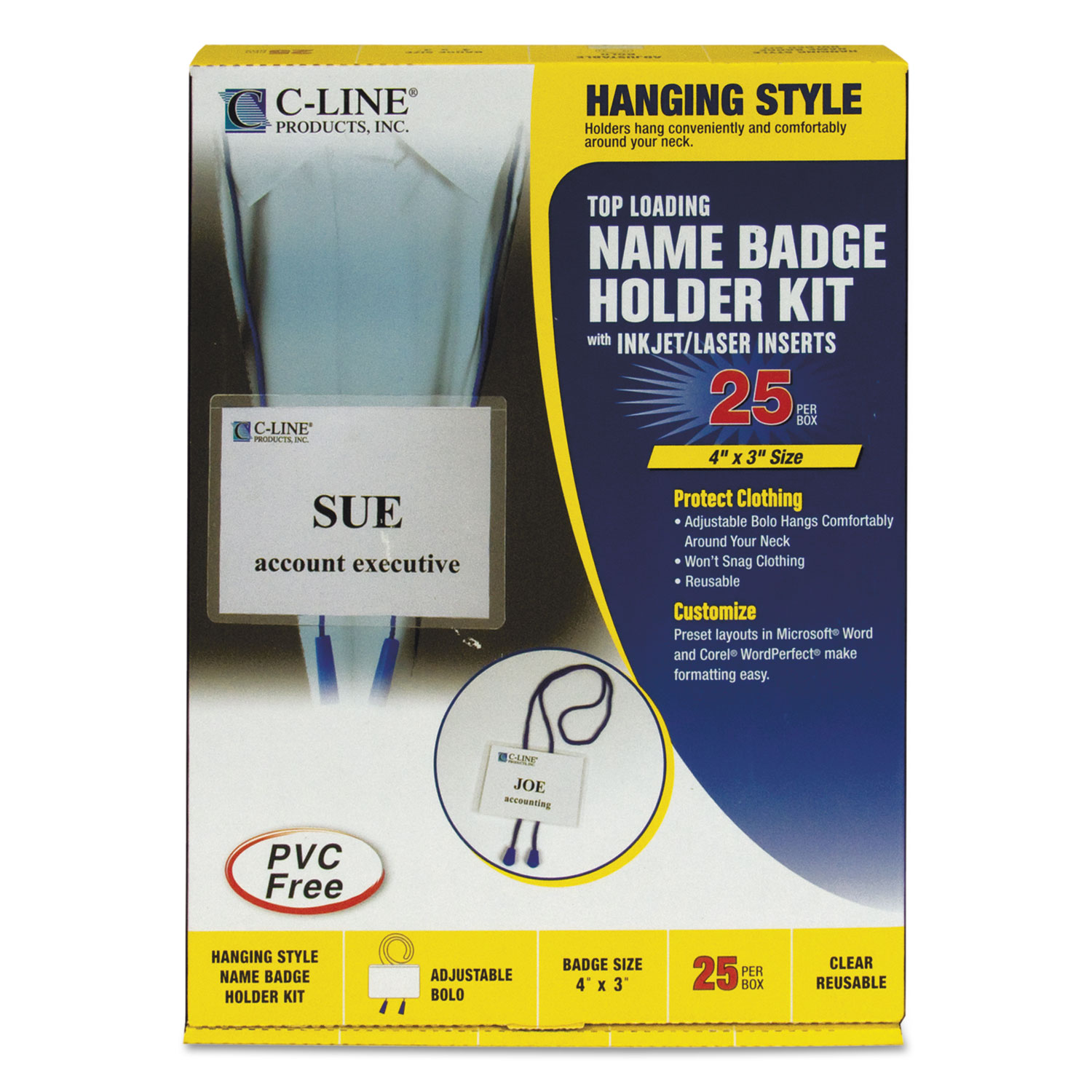  C-Line 96053 Name Badge Kits, Top Load, 4 x 3, White, Blue Bolo Cord, 25/Box (CLI96053) 