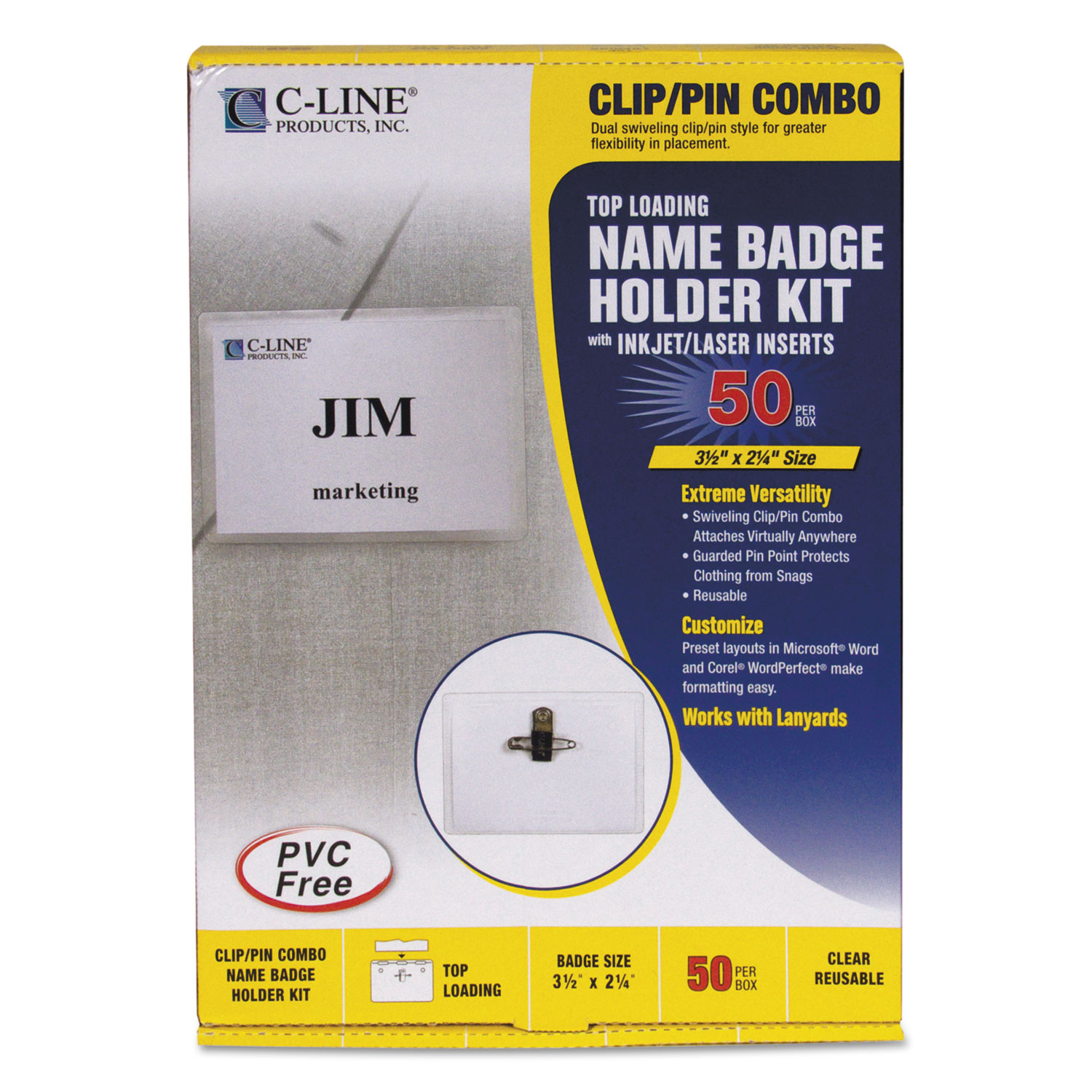  C-Line 95723 Name Badge Kits, Top Load, 3 1/2 x 2 1/4, Clear, Combo Clip/Pin, 50/Box (CLI95723) 