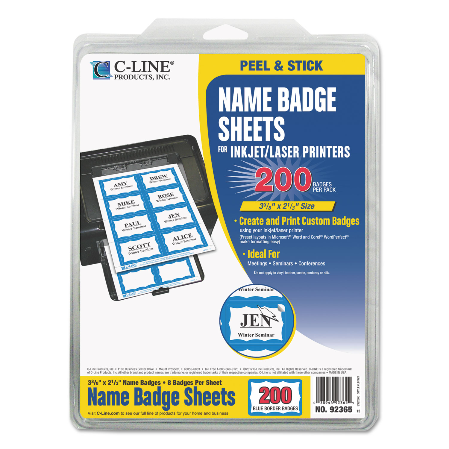  C-Line 92365 Laser Printer Name Badges, 3 3/8 x 2 1/3, White/Blue, 200/Box (CLI92365) 