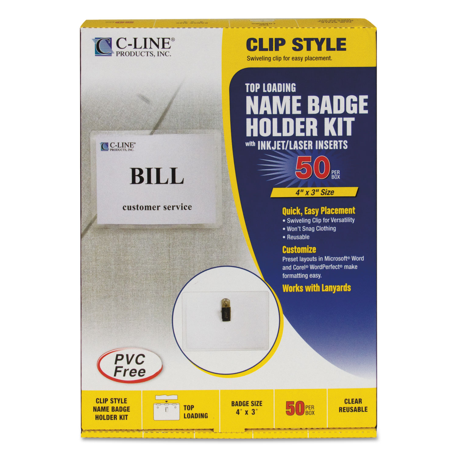 CLine® Name Badge Kits, Top Load, 4 x 3, Clear, 50/Box National
