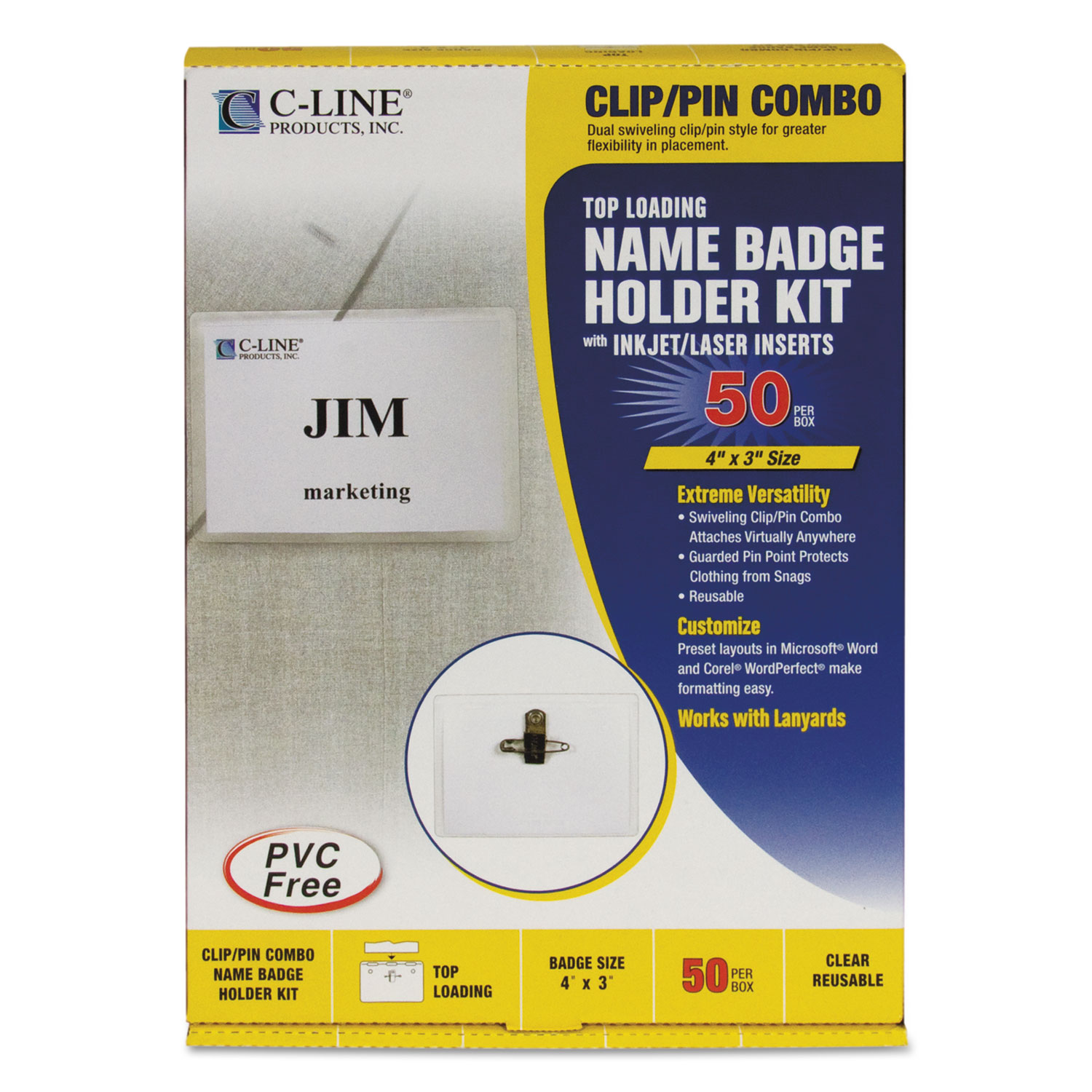  C-Line 95743 Name Badge Kits, Top Load, 4 x 3, Clear, Combo Clip/Pin, 50/Box (CLI95743) 