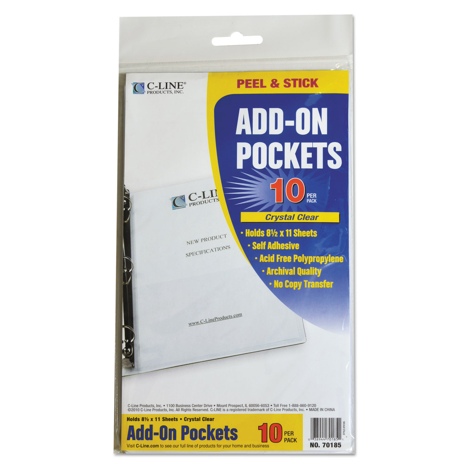  C-Line 70185 Peel & Stick Add-On Filing Pockets, 25, 11 x 8 1/2, 10/Pack (CLI70185) 