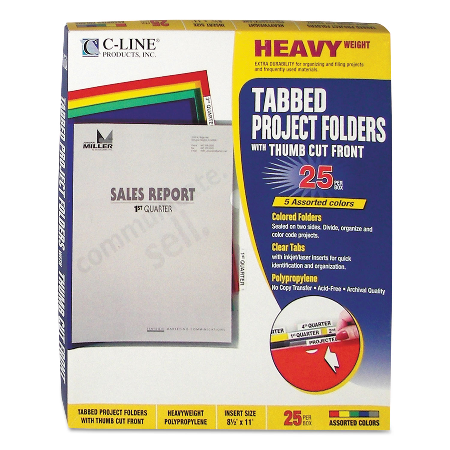  C-Line 62140 Heavyweight Project Folders with Index Tabs, 1/5-Cut Tab, Letter Size, Assorted Colors, 25/Box (CLI62140) 