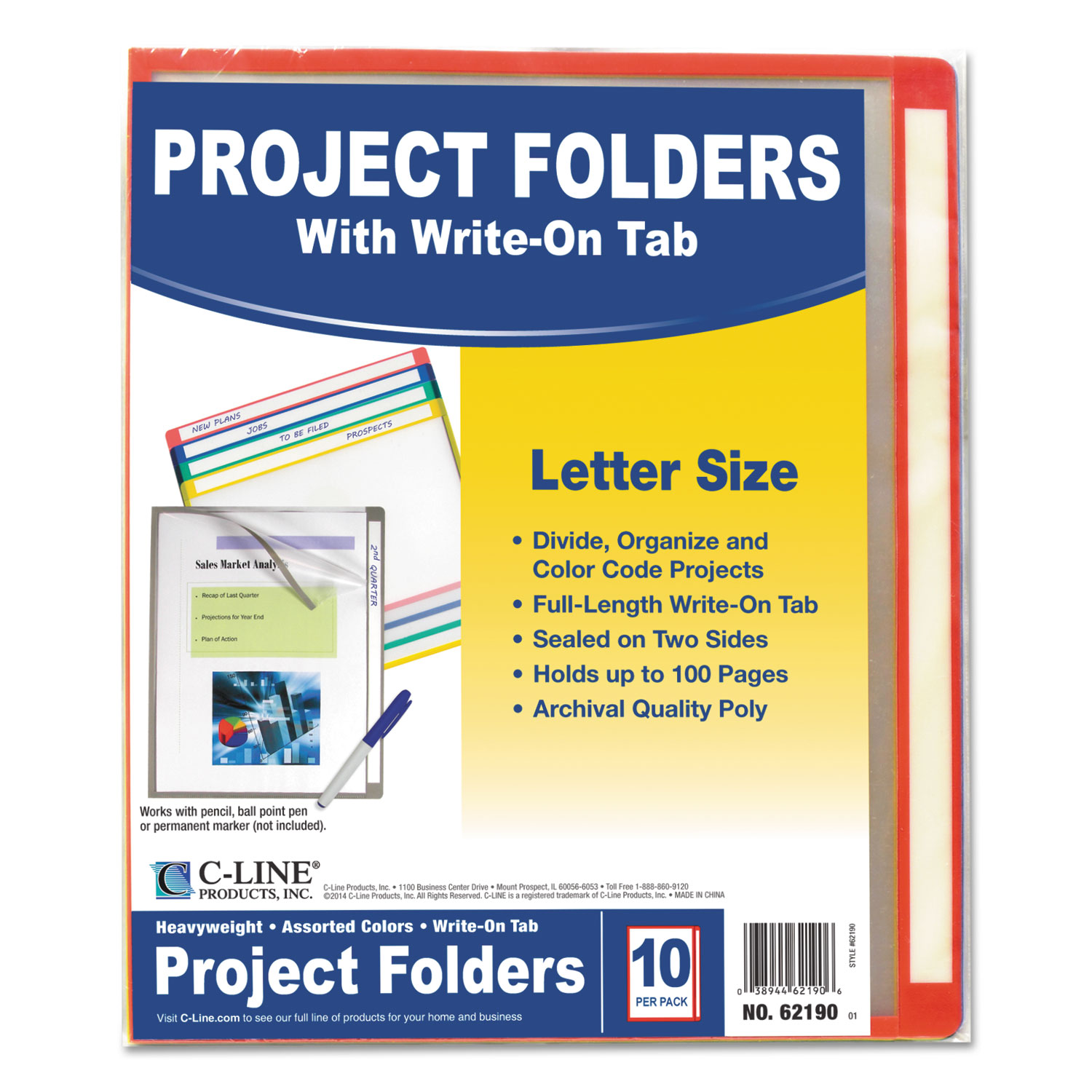 Write-On Project Folders, Letter, Assorted Colors, 10/PK