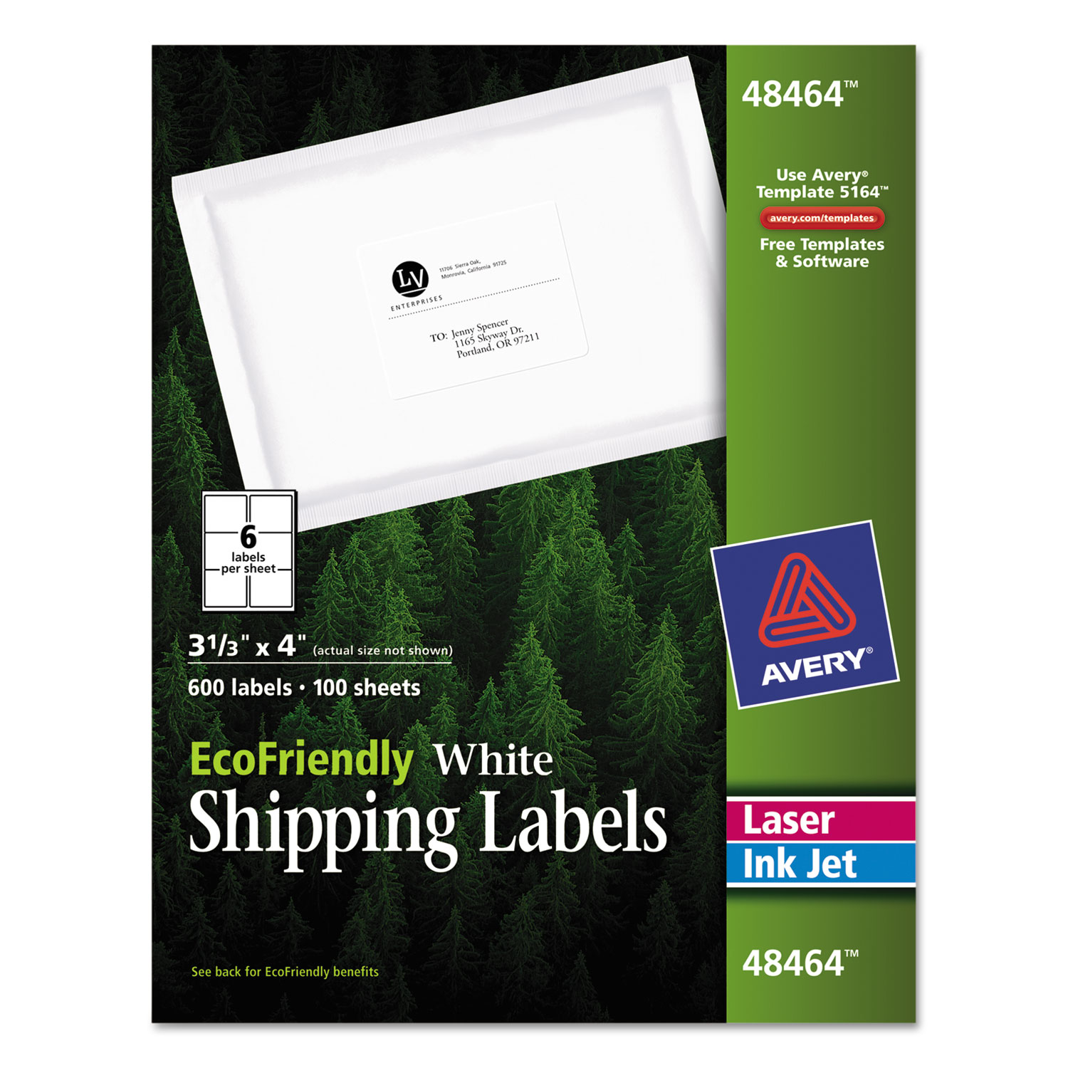  Avery 48464 EcoFriendly Mailing Labels, Inkjet/Laser Printers, 3.33 x 4, White, 6/Sheet, 100 Sheets/Pack (AVE48464) 