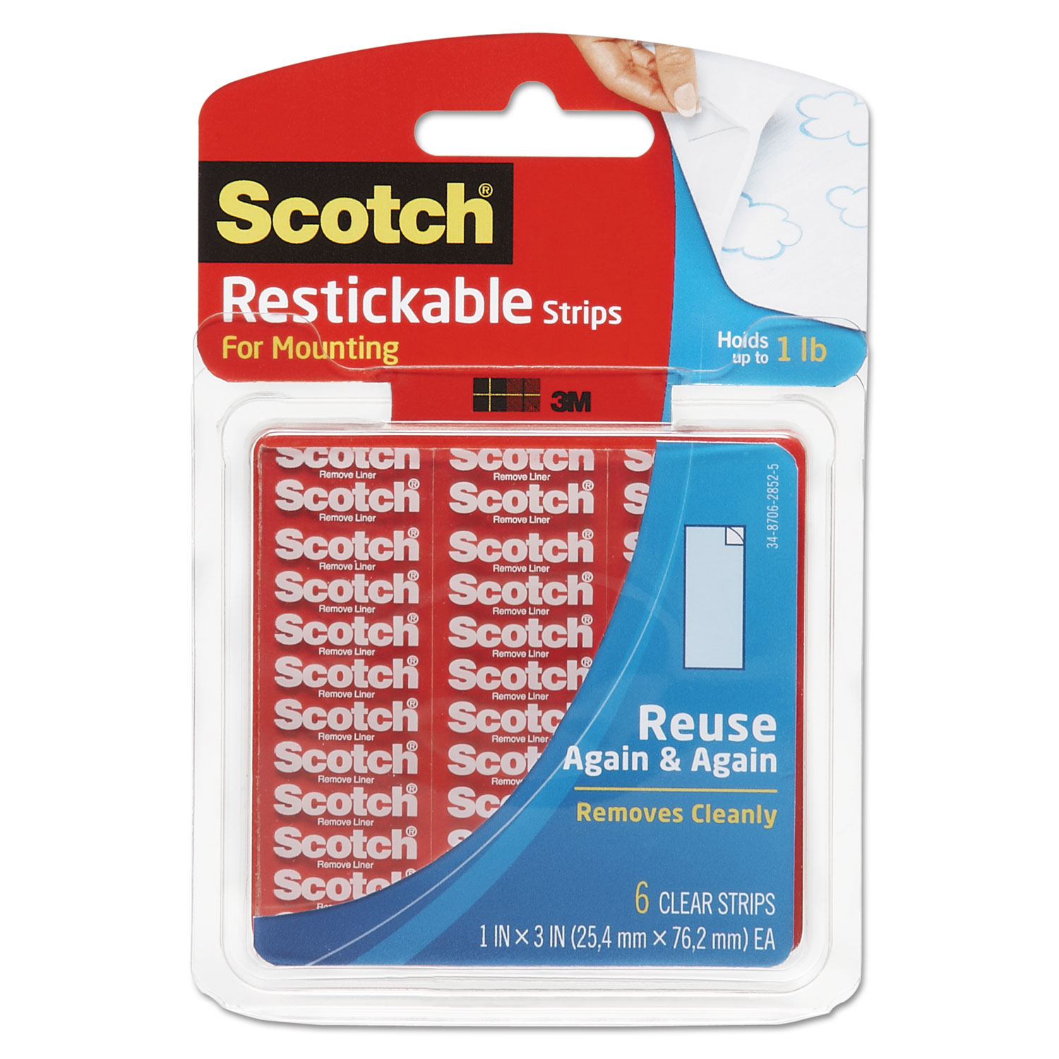  Scotch R101 Restickable Mounting Tabs, 1 x 3, Clear, 6/Pack (MMMR101) 