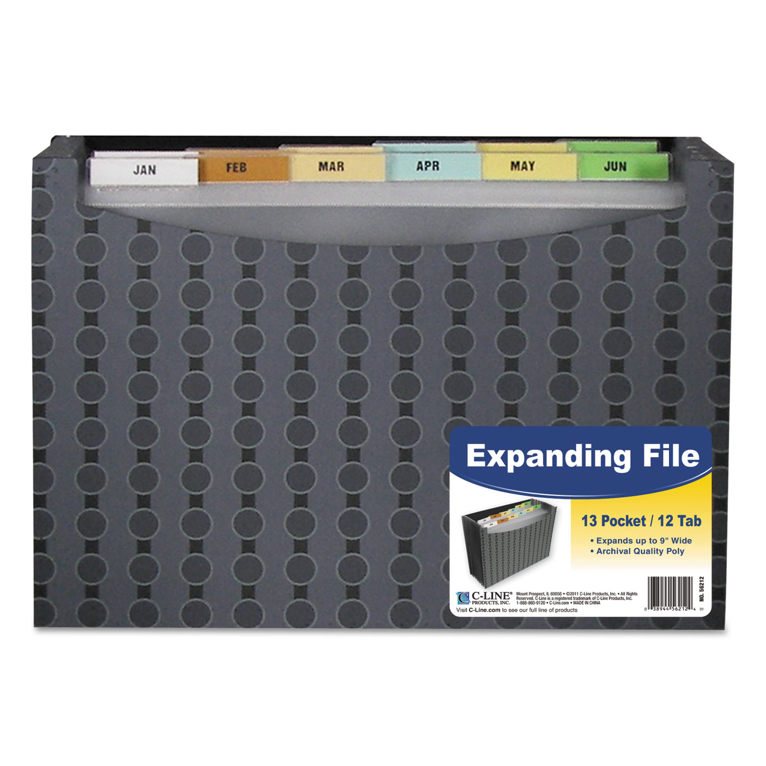 Circle Pattern Expanding File, Stand-Up, Letter, 9 Exp, 13-Pocket, Black/Gray