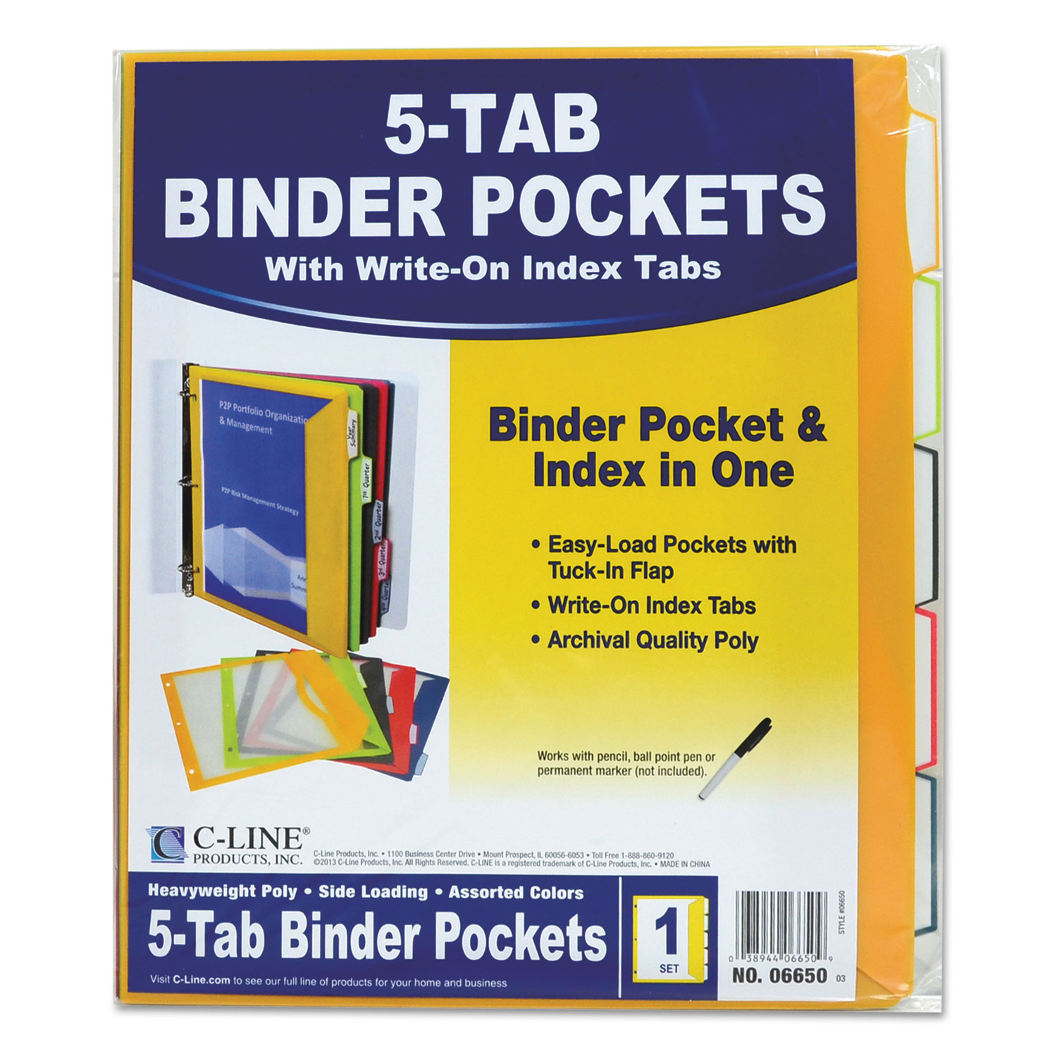 C-Line Binder Pockets With Index Tabs 8-1/2 X 11 Inches Assorted Colors 5 for sale online