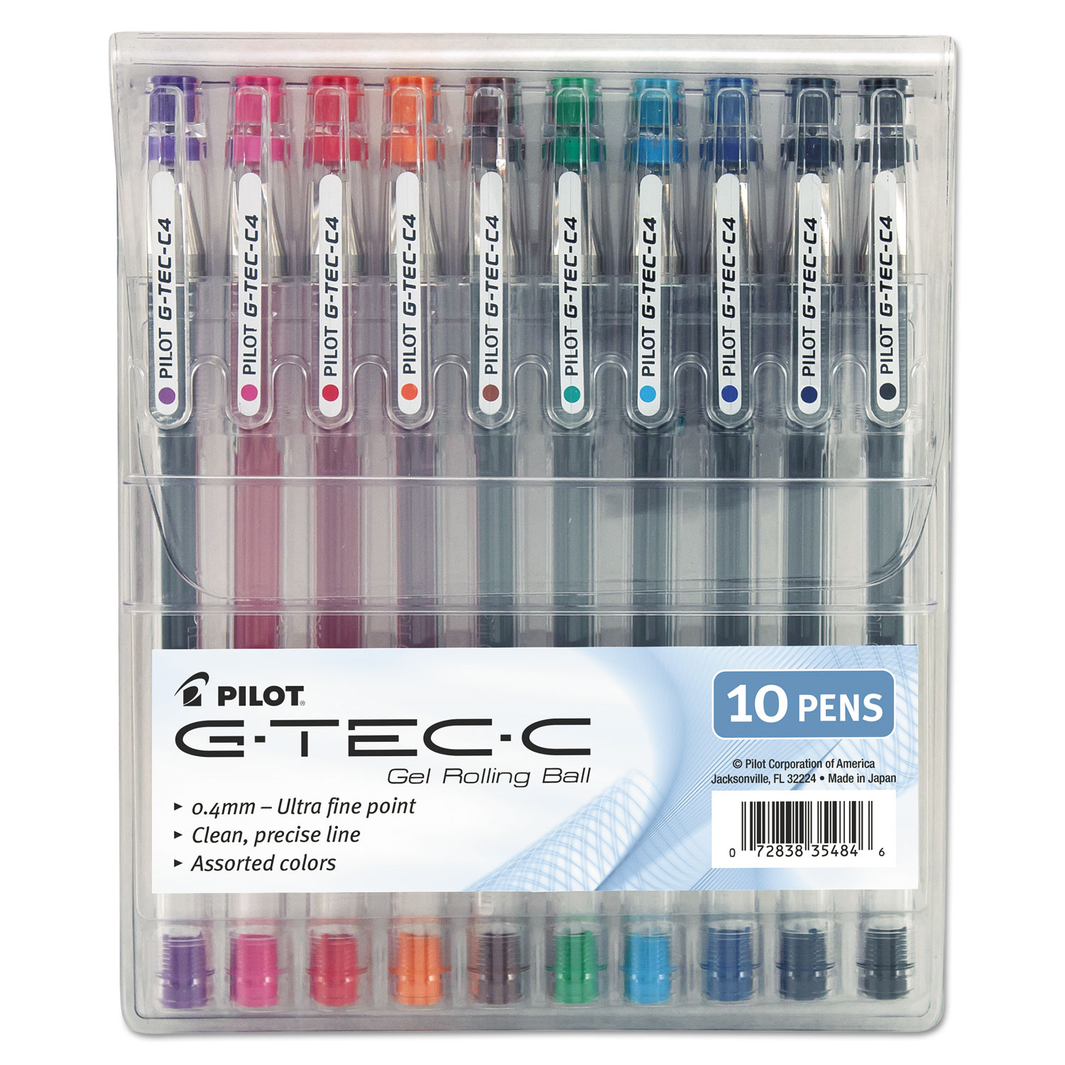  Pilot 35484 G-TEC-C Ultra Stick Gel Pen, Ultra-Fine 0.4mm, Assorted Ink, Clear Barrel, 10/Pack (PIL35484) 