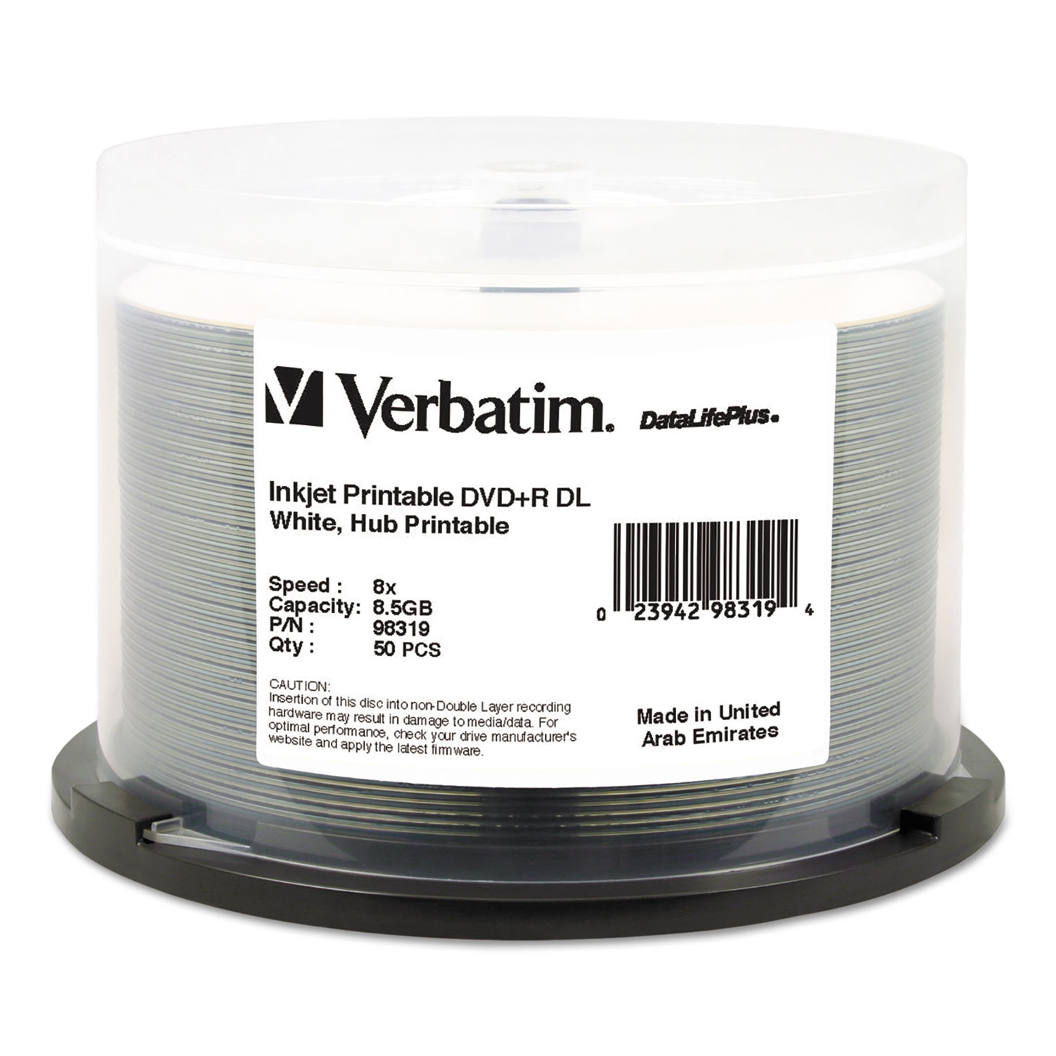  Verbatim 98319 DVD+R Dual Layer Recordable Disc, 8.5GB, 8X, Printable, Spindle, 50/Pk (VER98319) 